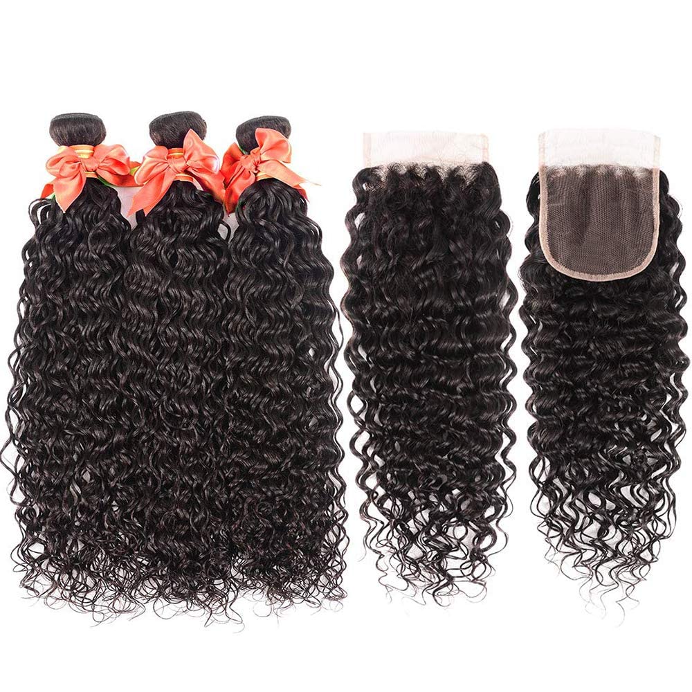 Brazilian Hair Water Wave 3 Bundles with Closure Wet and Wavy Human Hair Bundles Ocean Wave Human Hair Weave Extensions Human Hair Bundles Brazilian Water Curly Hair (16 18 20 +14)