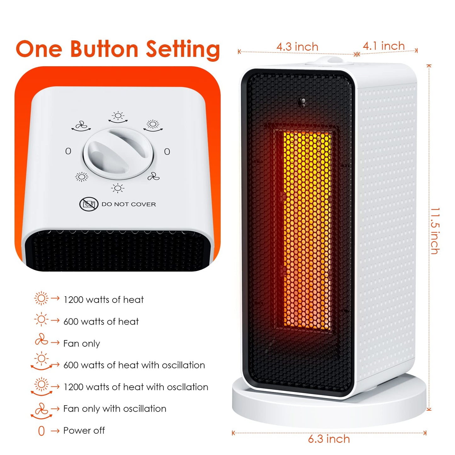 Qoosea Electric Space Heater for Indoor Use Oscillation Electric Space Heater Portable Ceramic Heater with Thermostat Fast Heating Ultra Quiet Small Space Heater for Office Home Room 1200W/600W