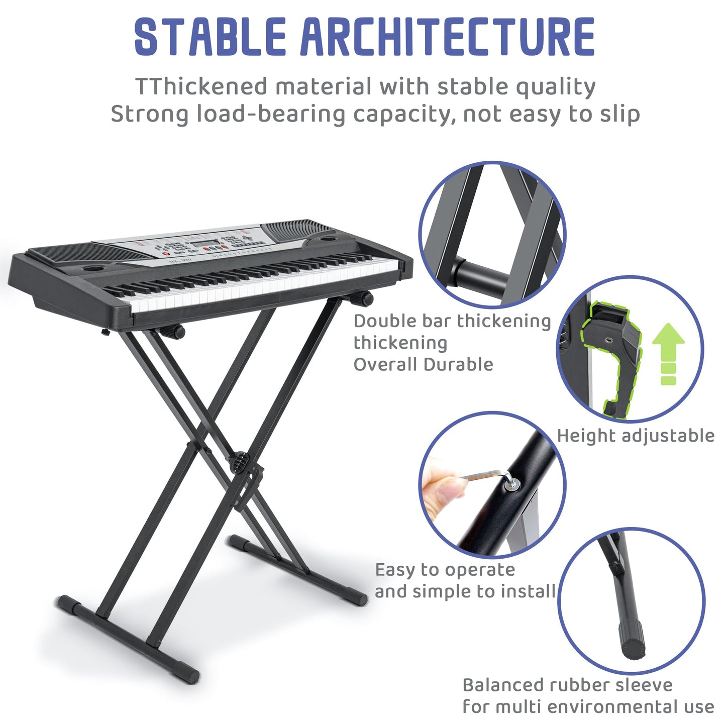 IPEB Double-X Keyboard Stand Adjustable Digital Piano Stand with Locking Straps Height Adjustable for School Musical Program, Choir and Recitals Black