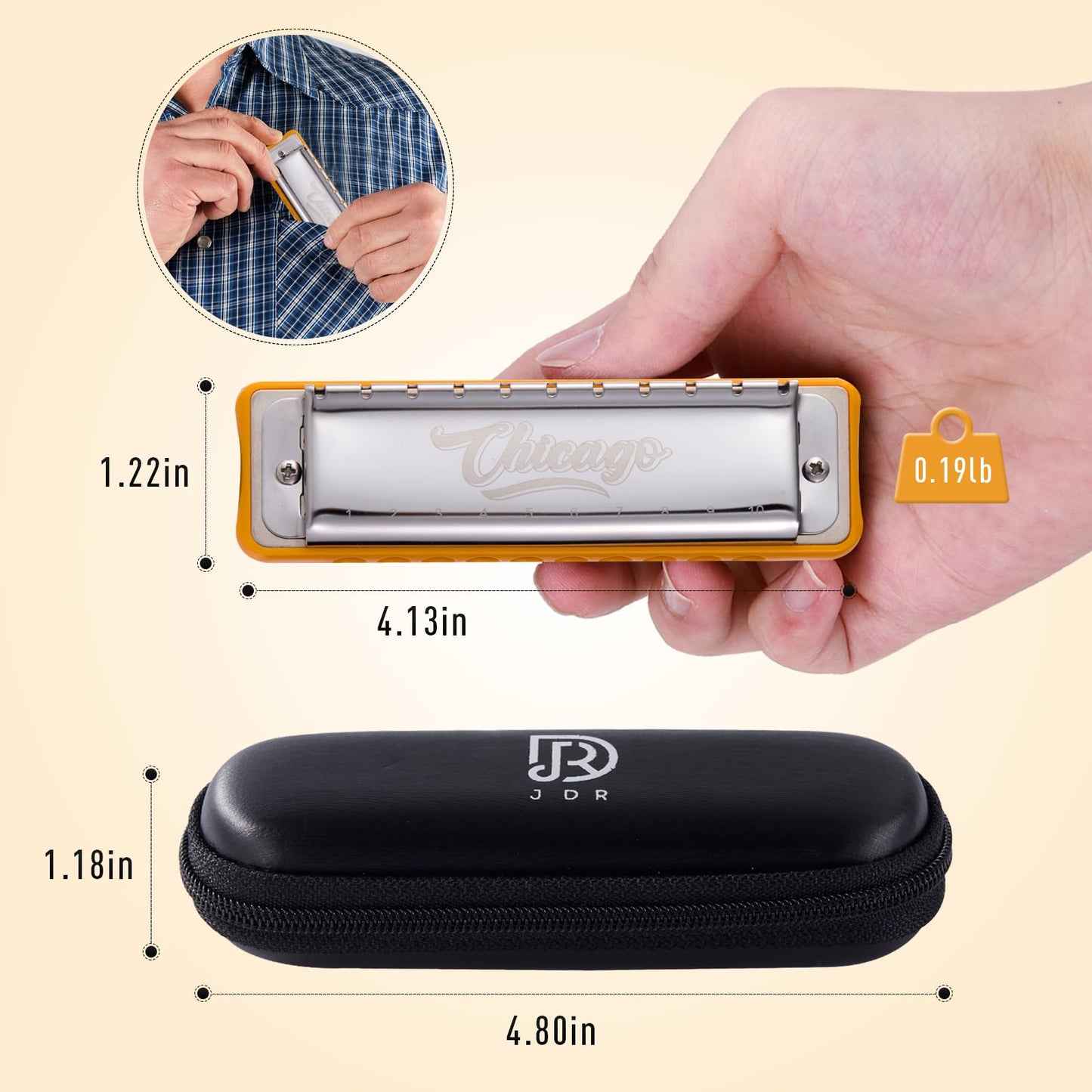 Harmonica JDR Blues key of D 10 Holes 20 Tones Harps Armonica for Adults Professional Beginners Mini Mouth Organ with Case Chicago (D)