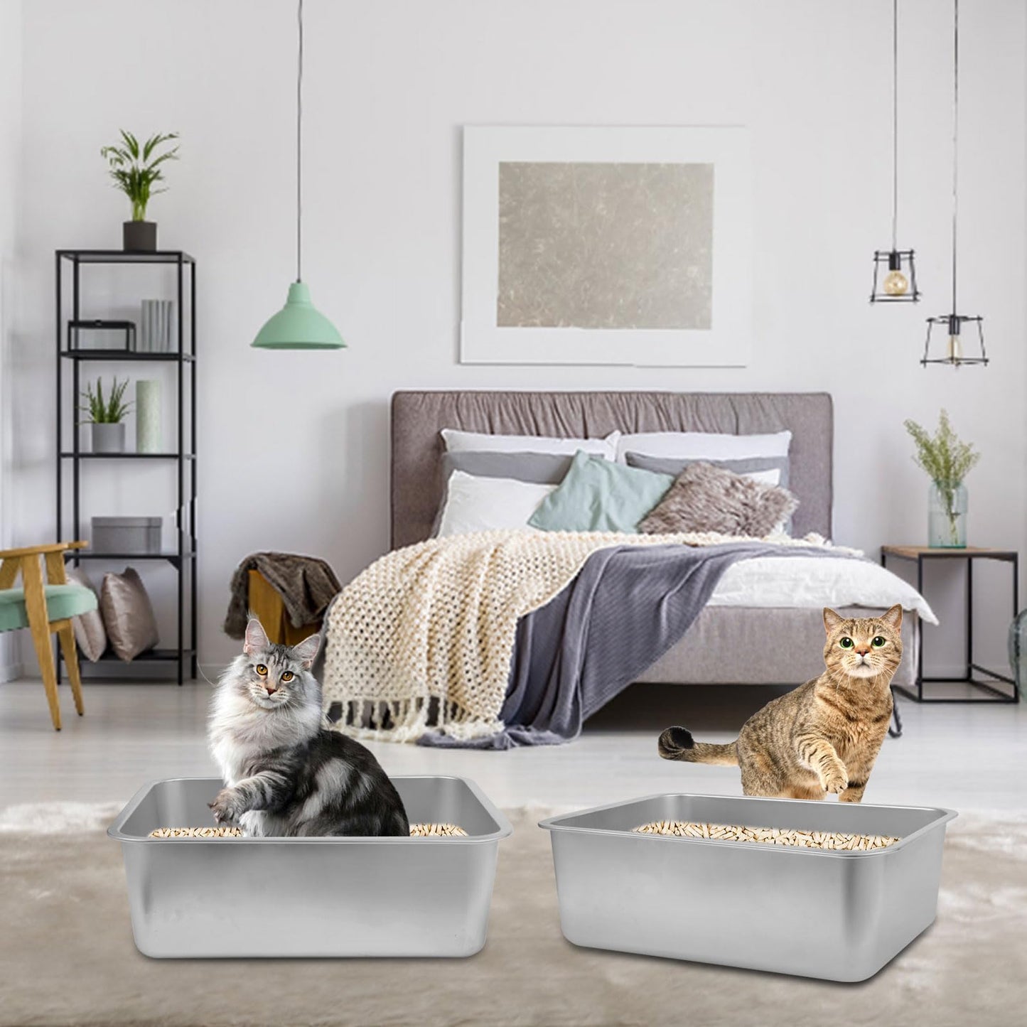 Wideotng 2Pcs Stainless Steel Cat Litter Box, Metal Kitty Litter Box with High Sides, Rust Proof Litter Tray Pan, Pet Toilet for Kitten Rabbit, Non Stick Non Odor, Easy to Clean, 17.5 x 13.5 x 6 in