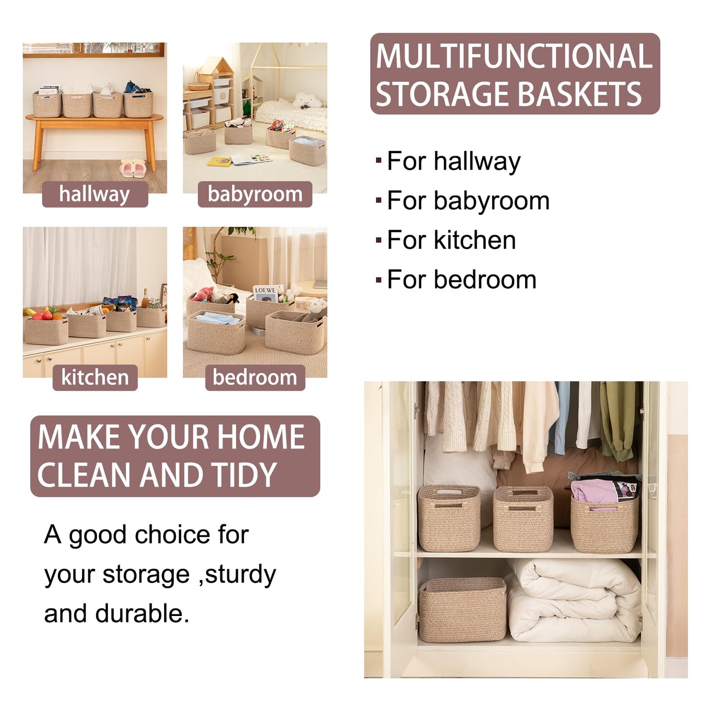 OIAHOMY 4 Pack Storage Baskets for Organizing, Rectangle Cube Storage Bins for Shelves, Woven Baskets With Handles, 12.7''Lx9''Wx7.8''H, Brown,