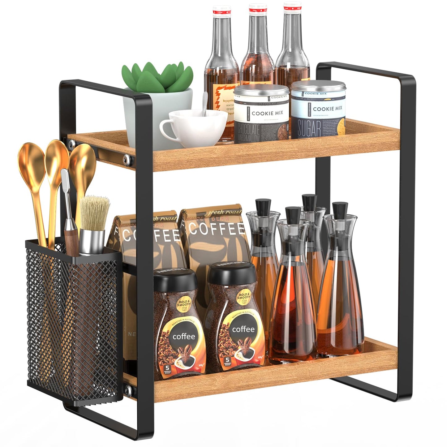 LEMIKKLE Wood Coffee Bar Accessories and Coffee Mug Cup Holder, kitchen organizers and storage,Spice Rack Organizer for Countertop,Kitchen(basket)