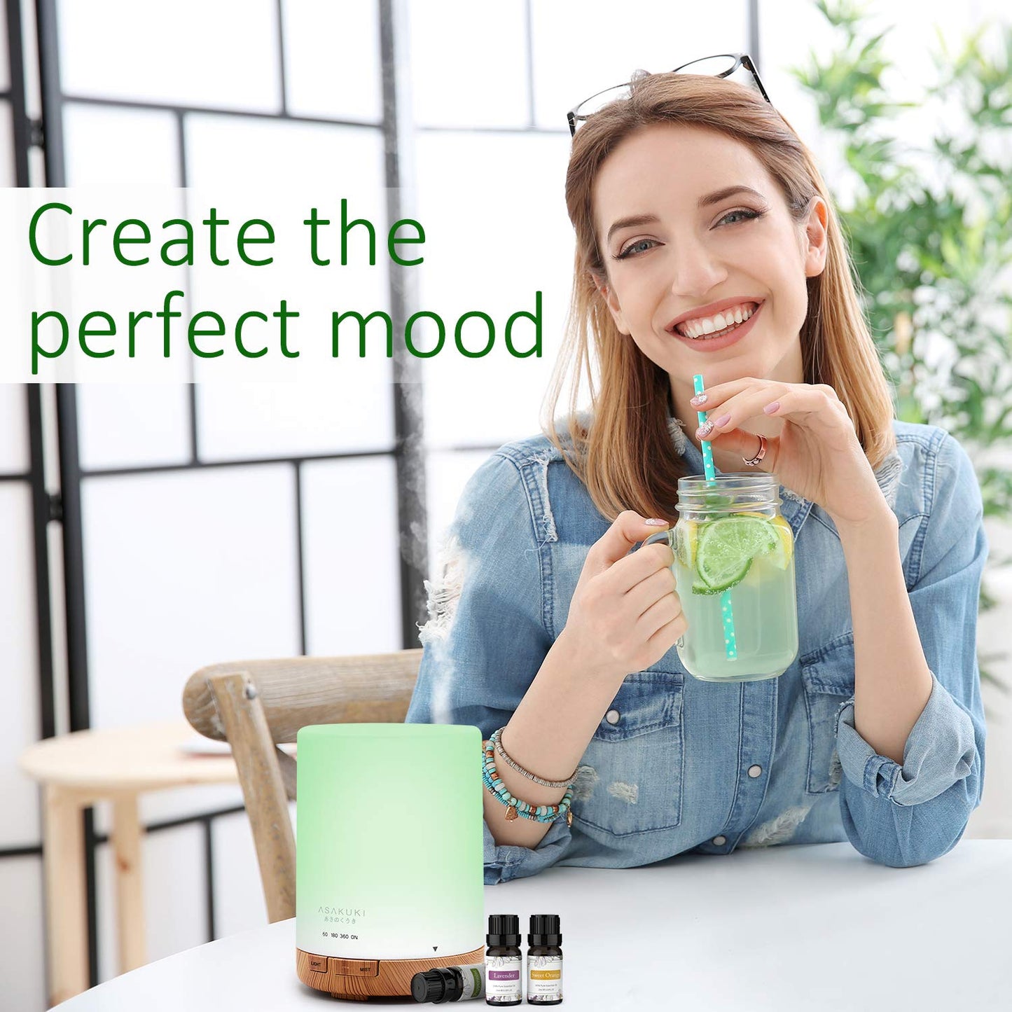 ASAKUKI 300 ml Aromatherapy Diffuser, Ultrasonic Cool Mist Essential Oil Diffuser with 7 Color Lights, Auto Shut-Off for Home Bedroom Office Gift Set