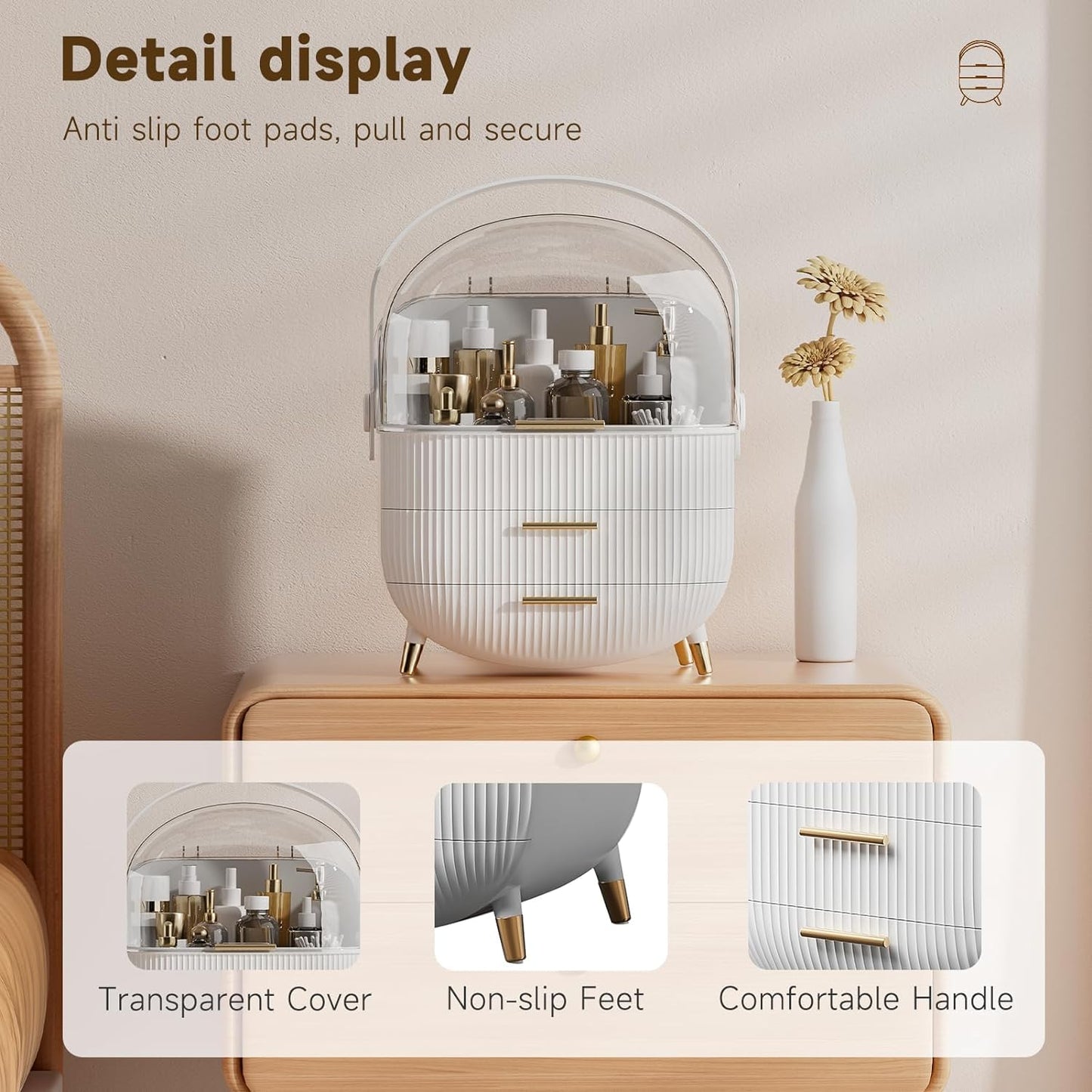 Makeup Organizer Storage Box, Cosmetics Display Case with Transparent Cover, Dust Waterproof Cosmetics Storage Box Suitable for Bathroom Countertop and Bedroom Vanity Dresser (White)