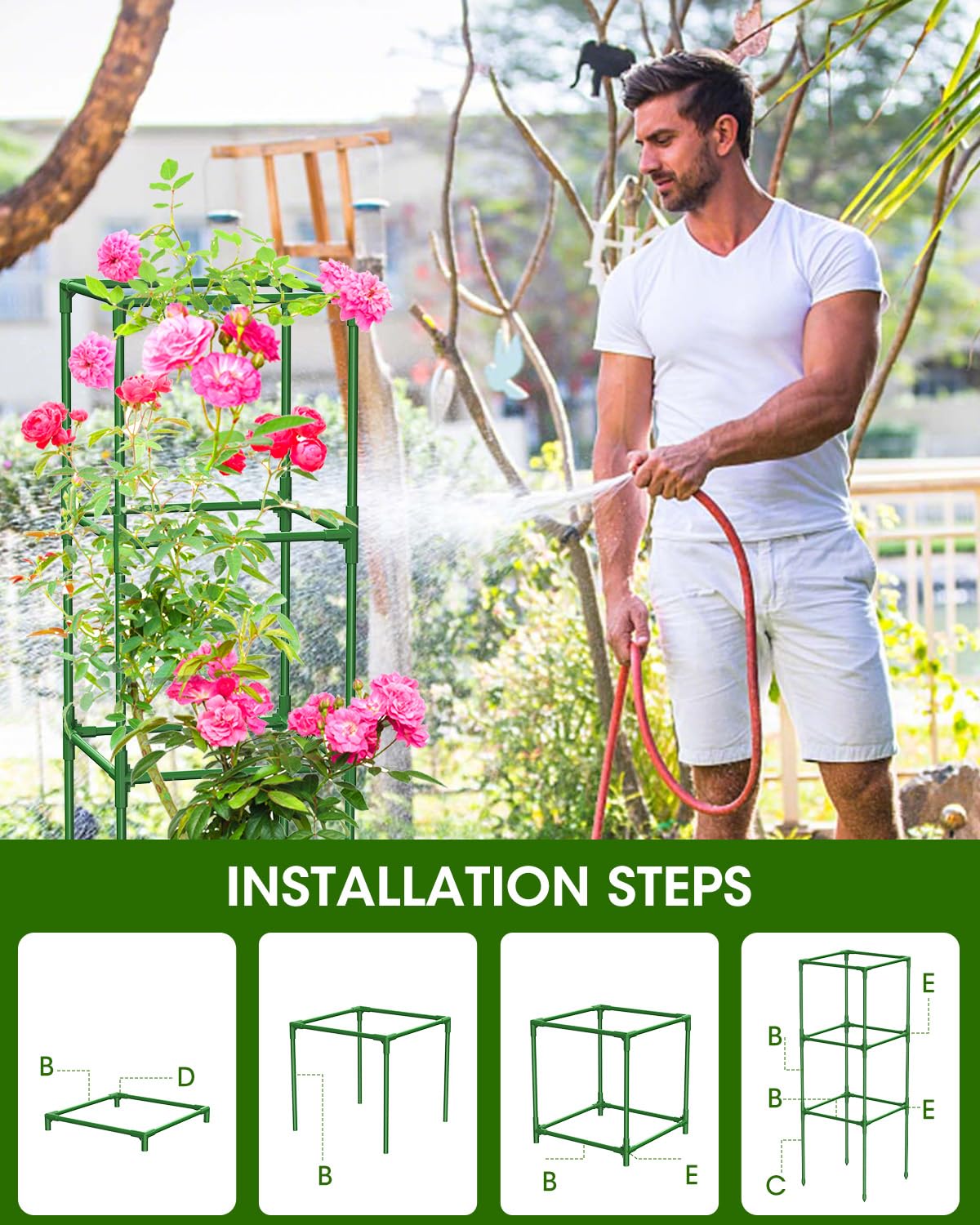 MYMULIKE Tomato Cage for Garden, 47.3 * 16.5 * 16.5in Extra Large Tomato Plant Support Stakes, 3 Pack Heavy Duty Garden Plant Trellis for Climbing Vegetables Flowers Fruits with 10 PCS Clips