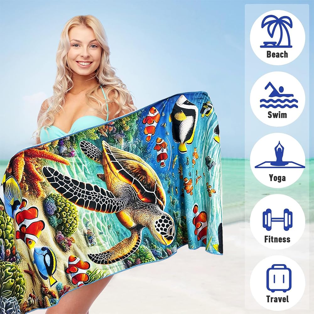 2 Pcs Microfiber Beach Towel Lightweight Sand Free Quick Dry Serviette de Plage Towels for Swimming Pool Camping 71''X32'' Beach Accessories Travel Things for Women Men Vacation Essentials Gift Turtle