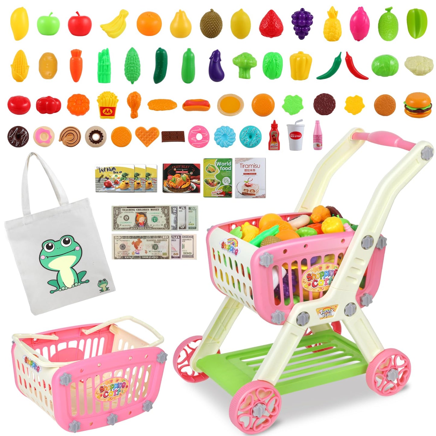 Toddler Shopping Cart - 2 in 1 Toy Grocery Cart for Kids with Pretend Play Food Toys for Girl, 72pcs Toy Shopping Cart Paly Money, Gift for 3 4 5 6 Year Old Girl Boy