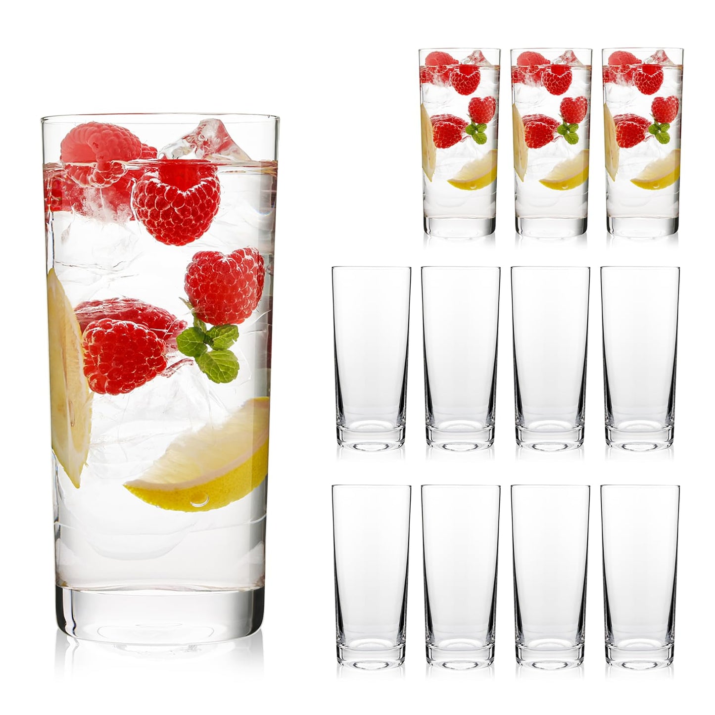OUWO Highball Glasses Set of 12, 16oz Tall Drinking Glasses, Water Glass for Kitchen, Tom Collins Glass, Cocktail Glasses for Bar Glassware