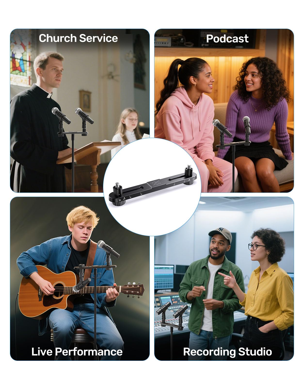 Stereo Mic Bar, Adjustable Dual Microphone Mount Bar,Universal Double Mic Holder for Stand,Precision Stereo Spacing Mic Bar for Podcast,Live Streaming,Studio Recording,Fit 3/8"&5/8" Threaded Mic Stand