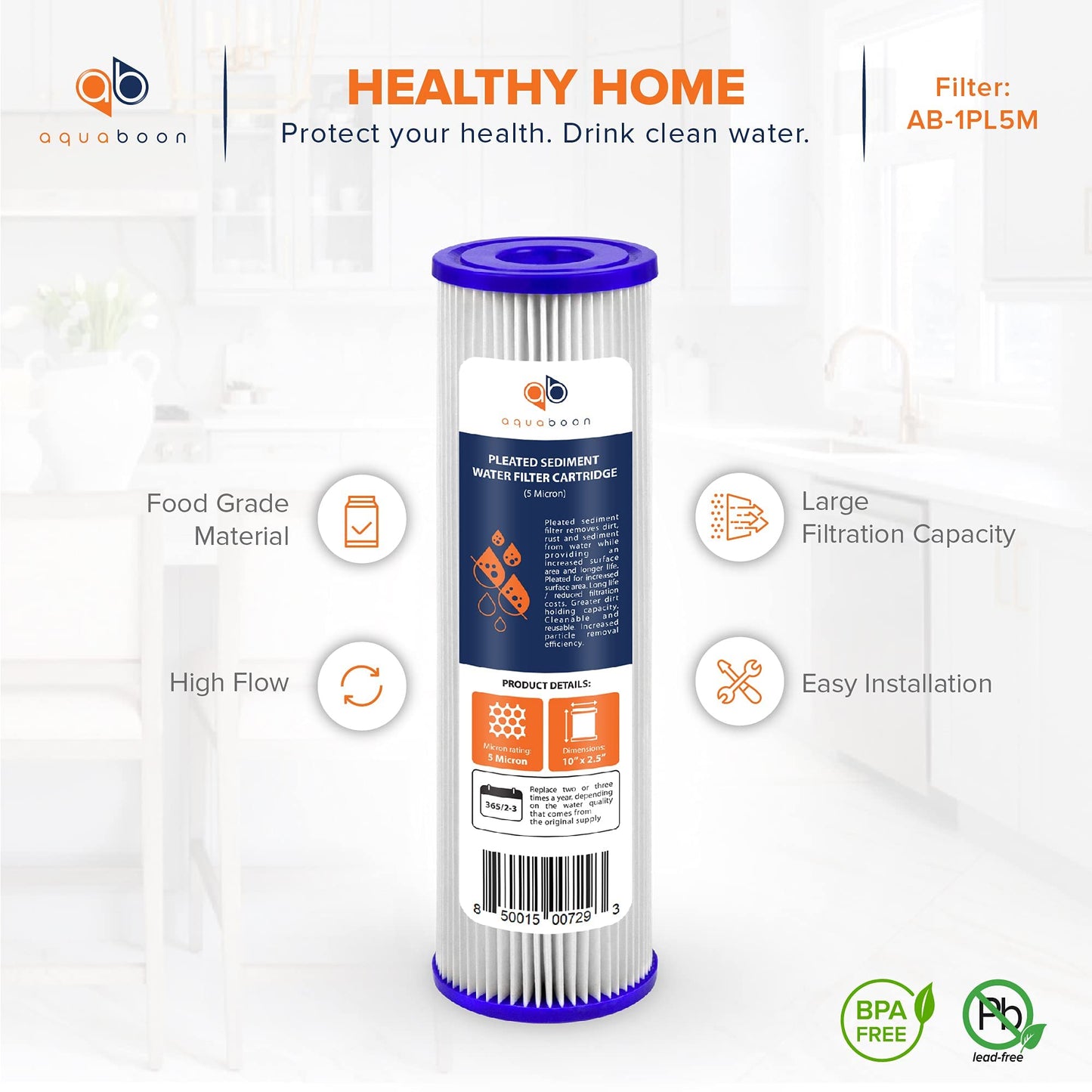 Aquaboon 5 Micron Pleated Water Filter 10 x 2.5 - Whole House Sediment Filter Replacement Cartridge Compatible with WFPFC3002, WHKF-WHPL, 6-Pack