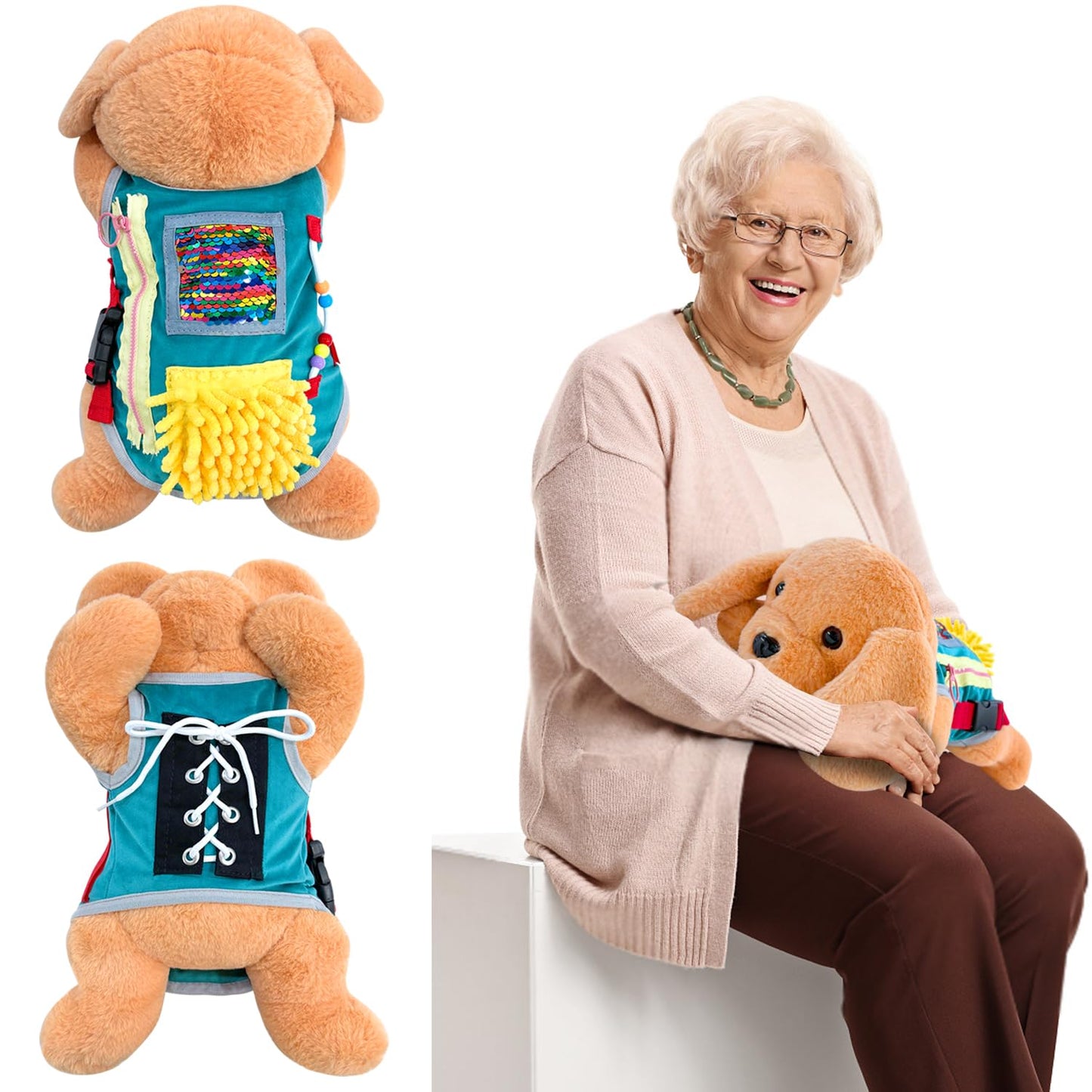 Fidget Blanket for Alzheimer, Dementia Activities for Adults for Anxiety Relief,Puppy Sensory Blanket with Many Activities for Elderly, Gift Fidget Blankets with Lovely Dog