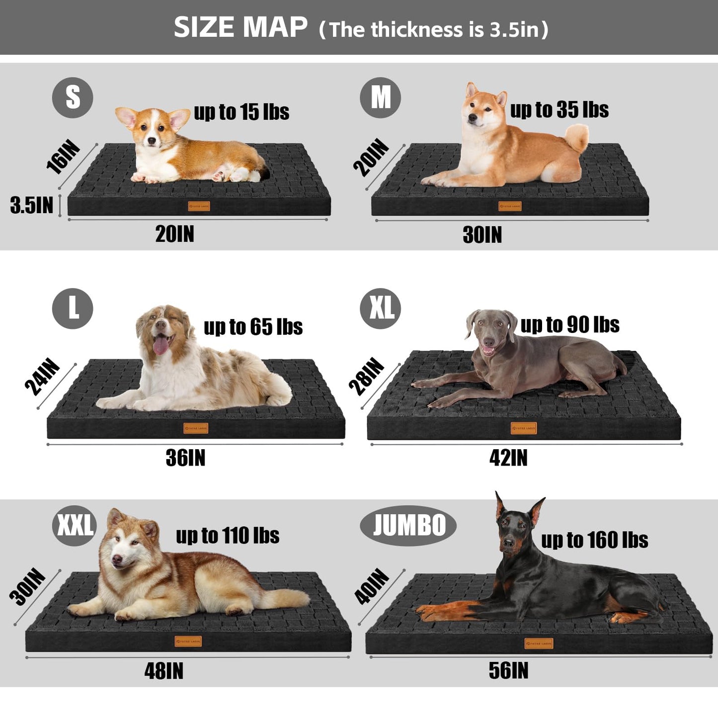 Patas Lague Orthopedic Jumbo Dog Bed for Extra Large Dogs 142x102cm, Waterproof Soft Warm Comfortable Egg Crate Foam Jumbo Pet Beds Mat with Removable Washable Cover and Nonskid Bottom, Black
