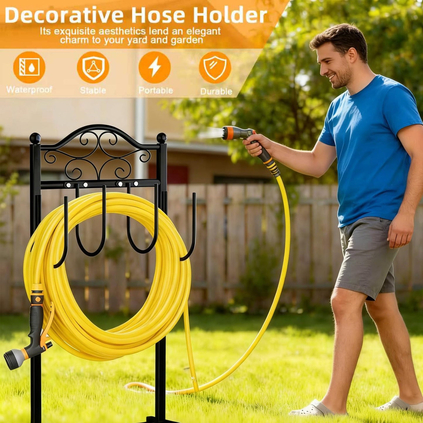 Garden Hose Holder, Heavy-Duty Garden Hose Stand for 100FT Hoses, Freestanding Water Hose Holder for Yard & Garden, Black