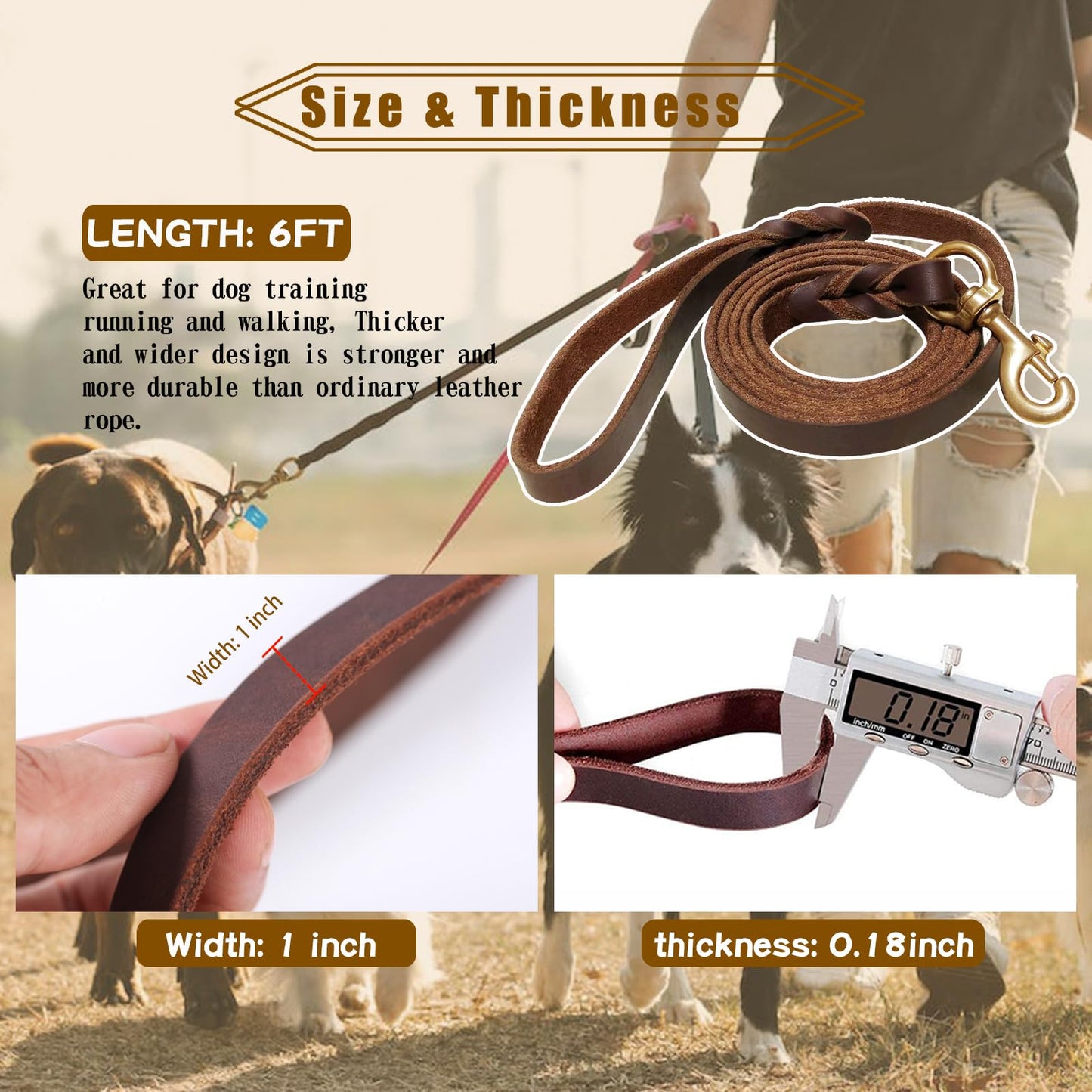 Meruogkar Leather Dog Leash 6ft x 1 inch,Strong Heavy Duty Genuine Leather Braided Dog Training Leash, Soft and Comfortable Leather Leash for Large Dogs, Medium Small Dogs (Brown)