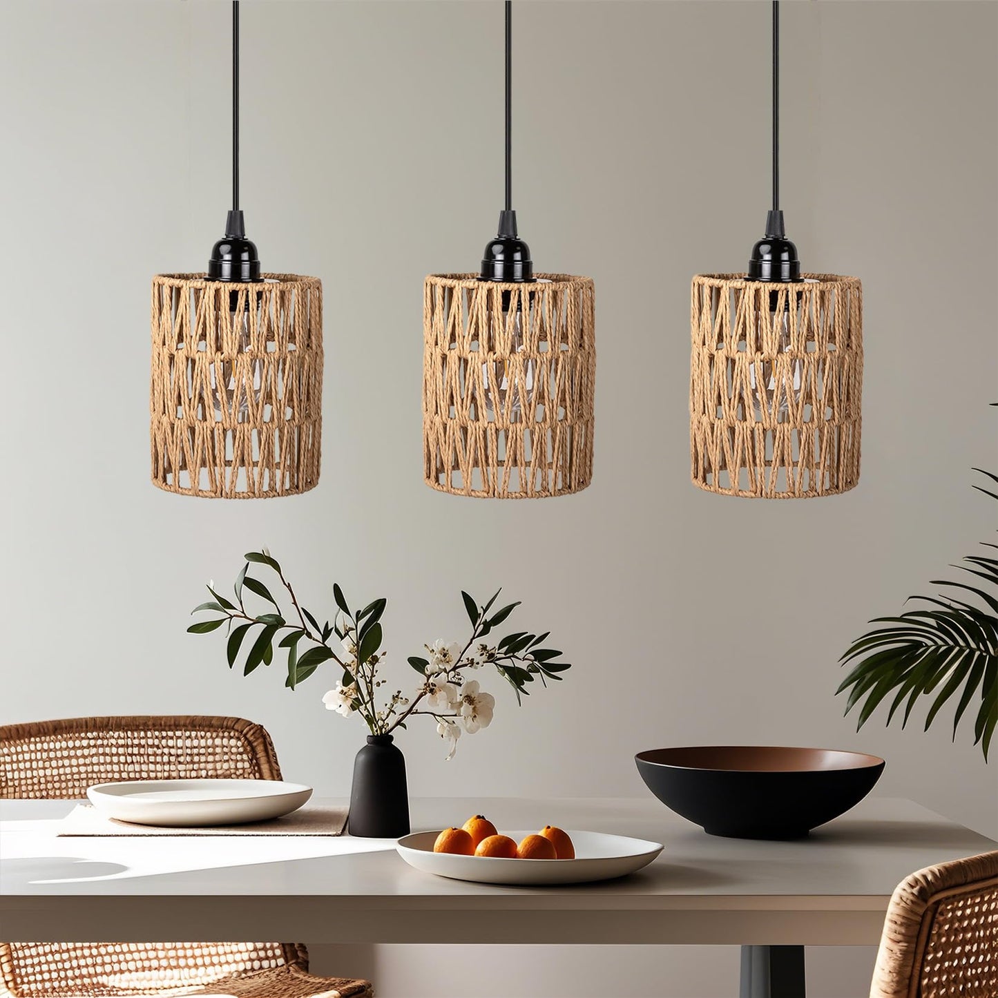 ALL FORTUNE Battery Operated Chandelier, Battery Hanging Pendant Light, Rattan Lights with Warm White Bulb, 4*AA Battery Powered, for Gazebo Pergola Porch Patio Outdoor Indoor Decor (3)