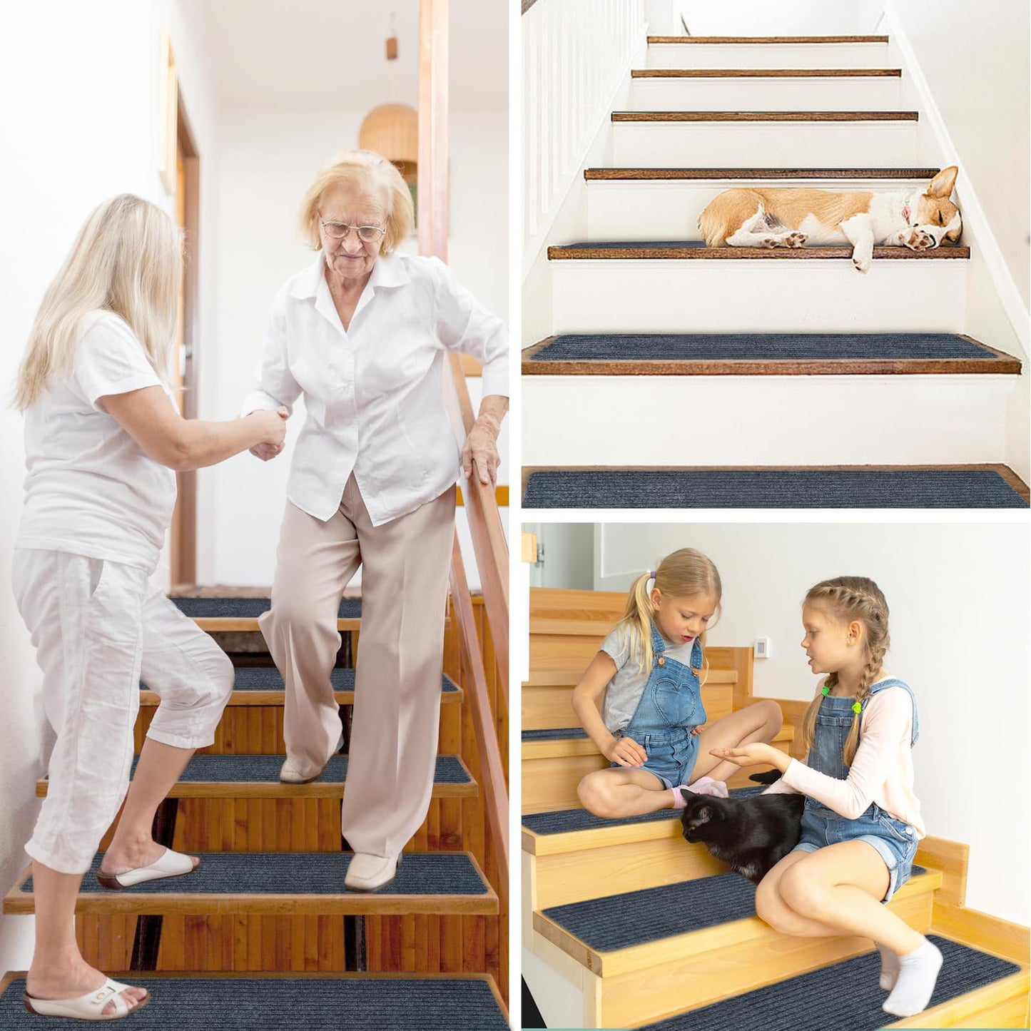 15 Sets of 8''x30 Non Slip Stair Treads Indoor,Children, Elderly, and Pets Carpet Stair Treads, Stair Runners for Wooden Steps,Reusable Adhesive Free Self-Adhesive Staircase Pad,Dark Grey