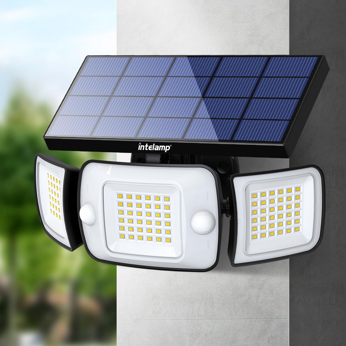 Intelamp Solar Motion Sensor Lights Outdoor, 3-Head LED Security Flood Light, 6000mAh 1200LM Dual PIR, IP65 Waterproof, Adjustable Solar Wall Light for Garage Yard Driveway Patio