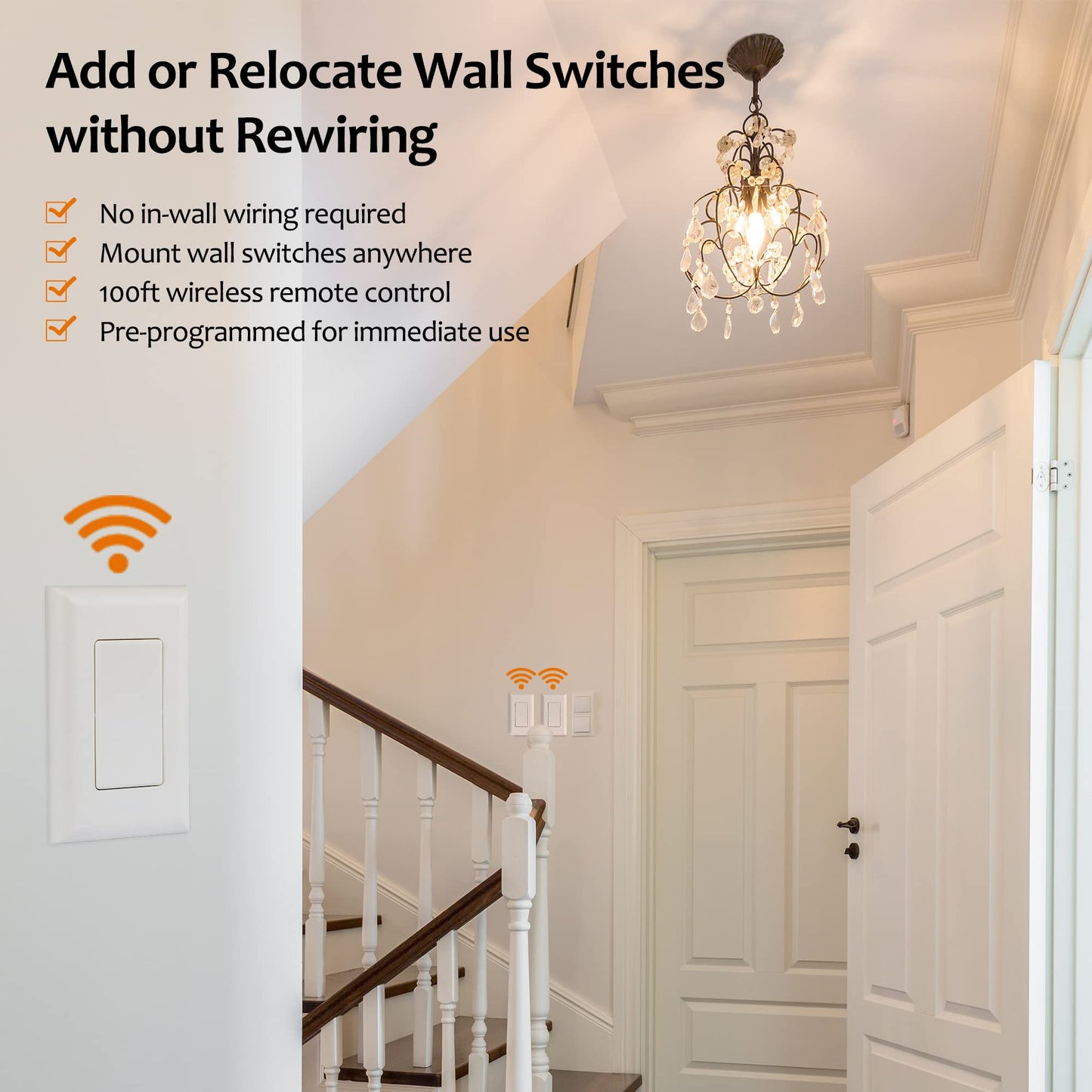 SURAIELEC Wireless Light Switch and Receiver Kit, 15A High Power, No Wiring, 100ft RF Range, Programmable Remote Control 3 Way Wall Switches for Lamp, Ceiling Light, Fan, Outdoor Lighting