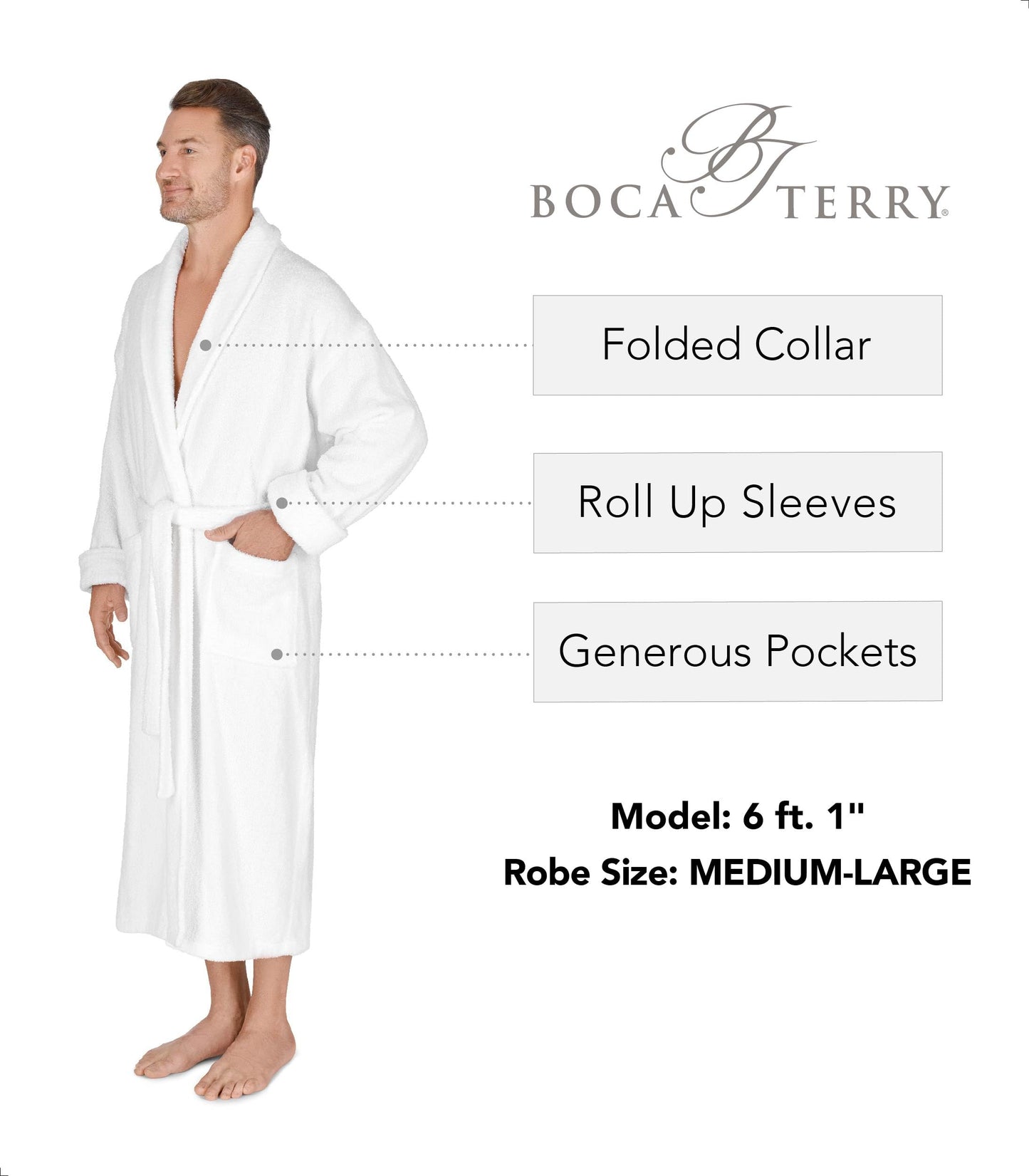 Boca Terry Men's Robe. 100% Cotton Terry Cloth, Shawl Collar, Men's Bathrobe. White, White, XX-Large