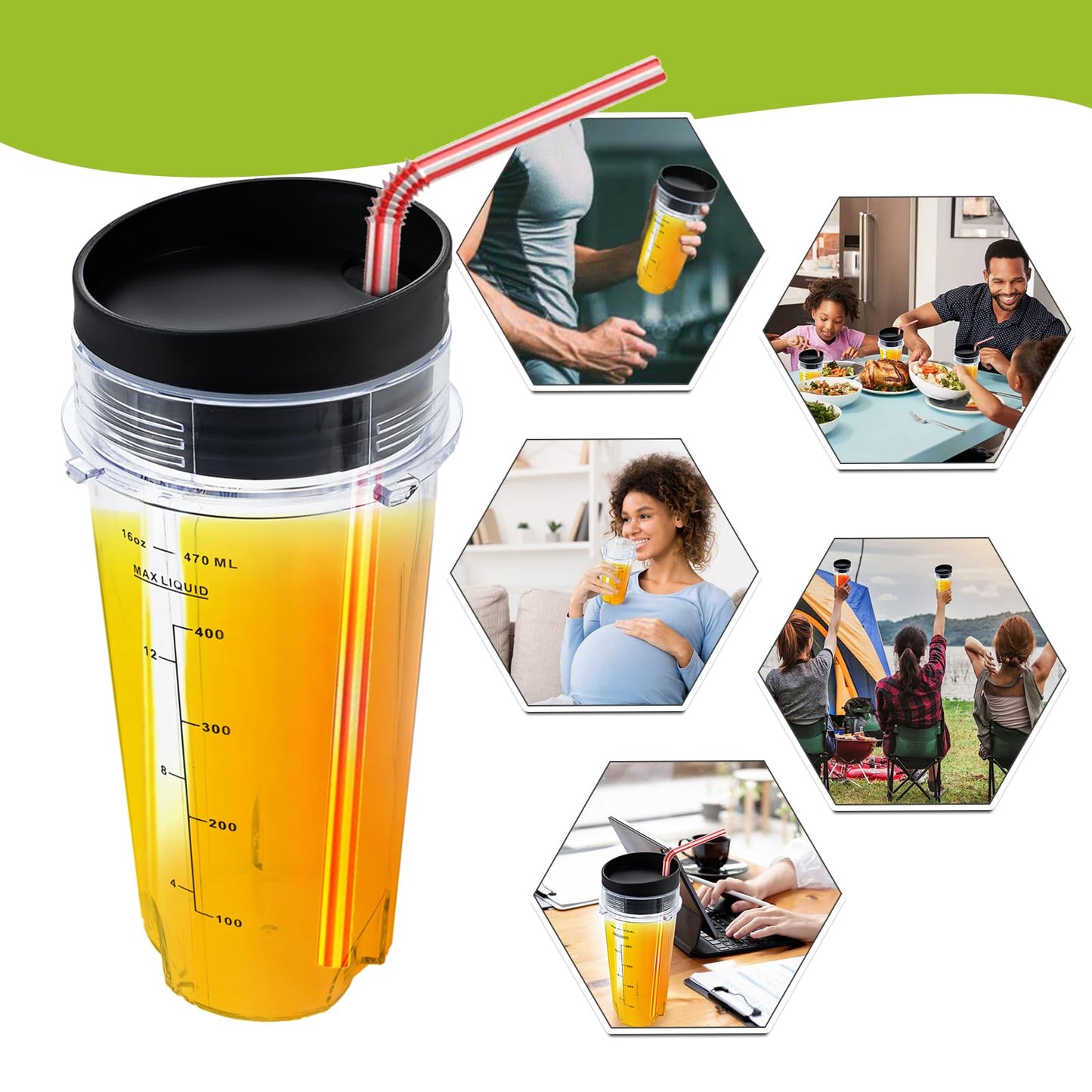 Replacement for Ninja Blender Single Serve 16oz Cups Scale with with Sip Seal Lids, 6 Fins Extractor Blade Compatible with Nurti Ninja Blenders BL660 BL663 BL663CO BL665Q BL740 BL770 (Pack of 5)