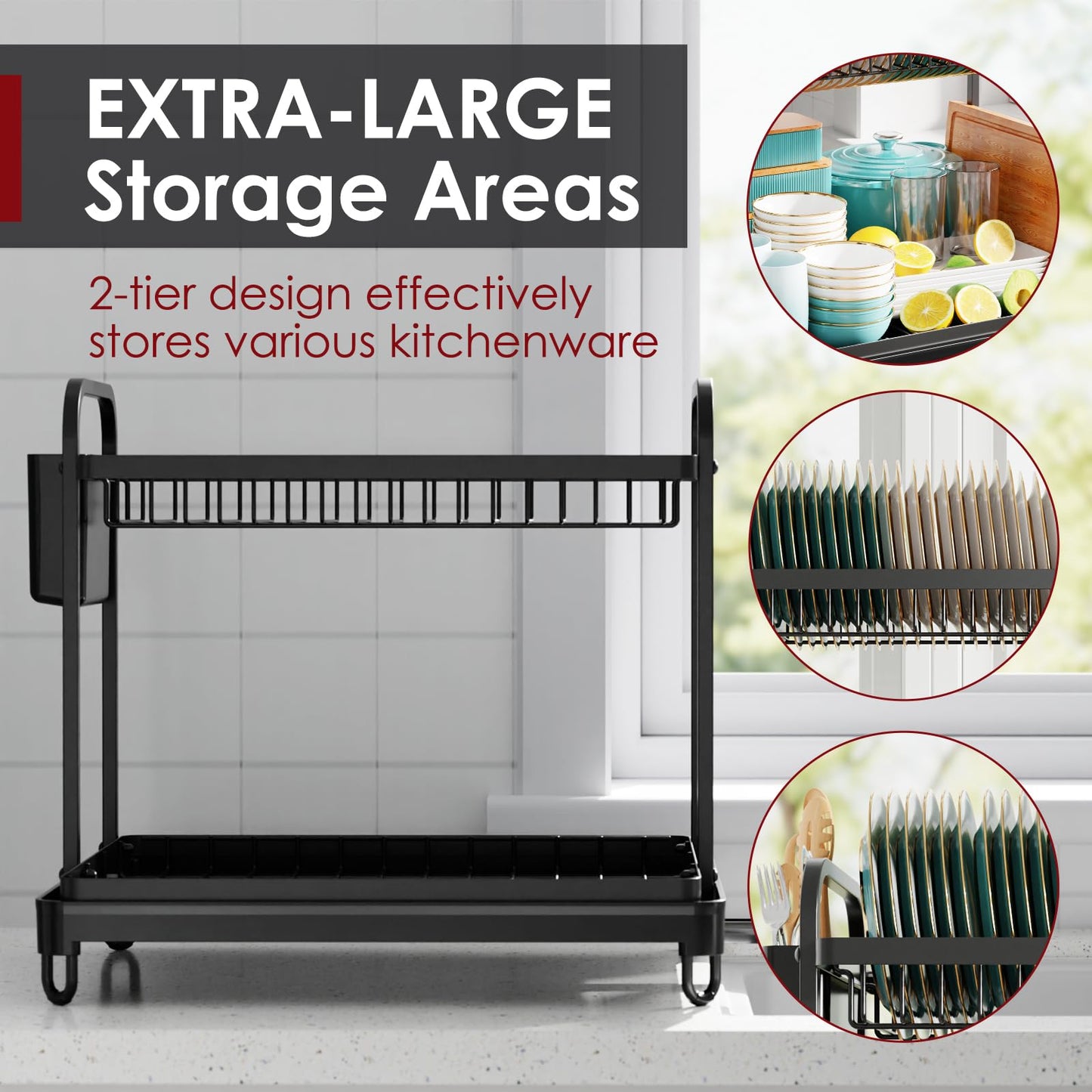 Sakugi Dish Drying Rack - Stainless Steel Dish Rack for Kitchen Counter, 2-Tier Kitchen Organizers and Storage Rack with Drainboard and Cutlery Holder, X-Large, Black