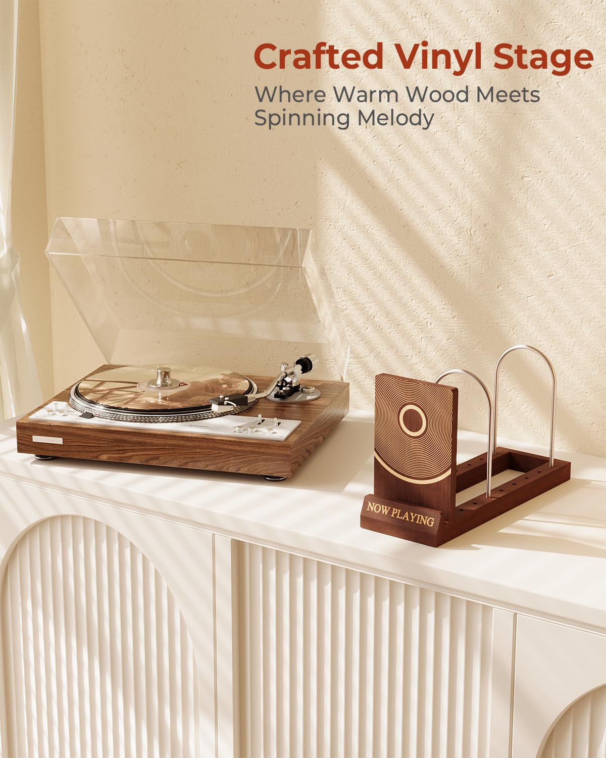 Greaittle Now Playing Vinyl Record Holder Stand, Wooden Record Storage Stand for Album Display, Vinyl Accessories for LP Lovers, Solid Wood with Engraved Design