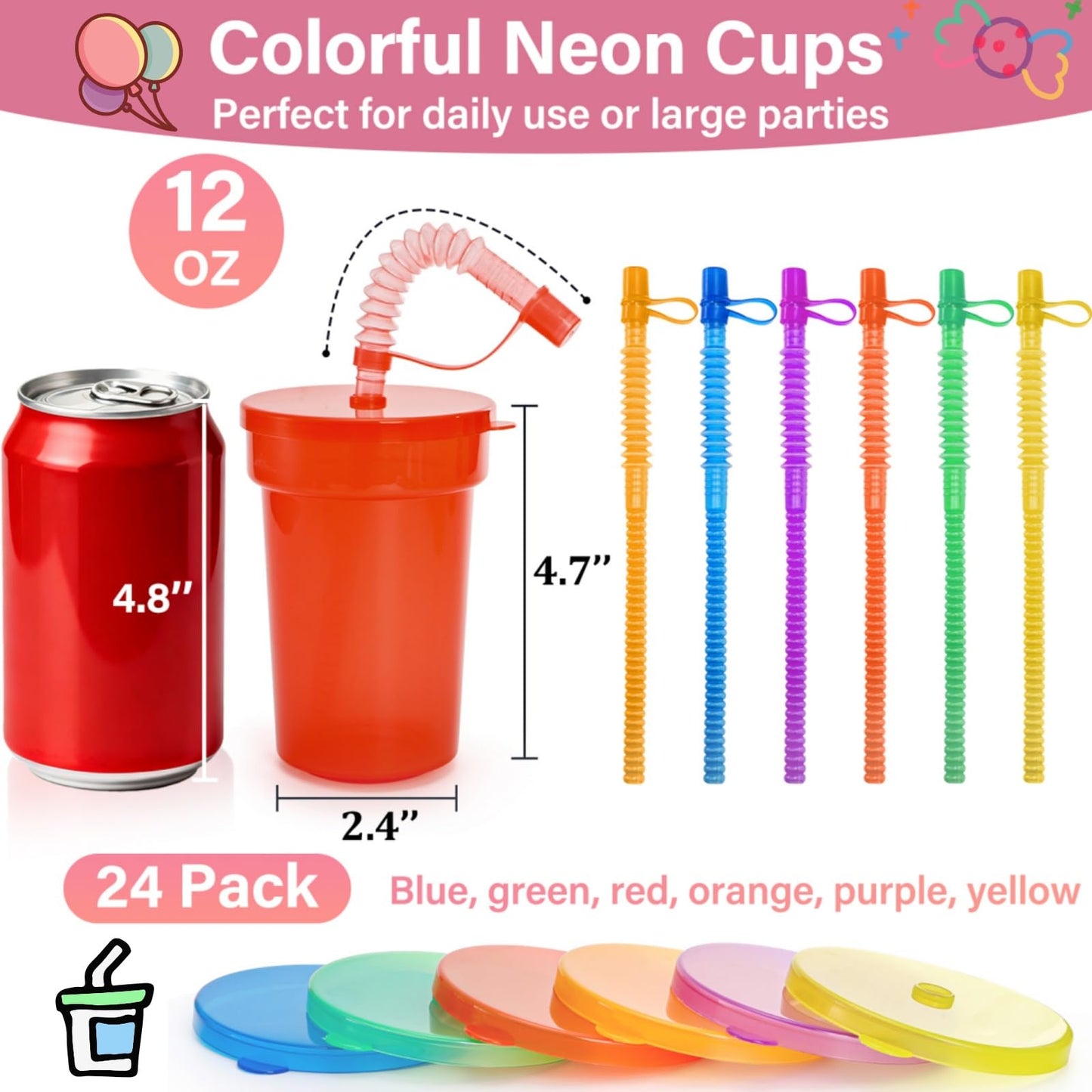 WRINGKIT 24 Pcs Plastic Cups with Lids and Straws, 12 Oz Colorful Neon Sipper Cup, Leak Proof Tumbler Cups Bulk, Reusable Juice Cups for Birthday, Events Celebrations Supplies, 6 Colors