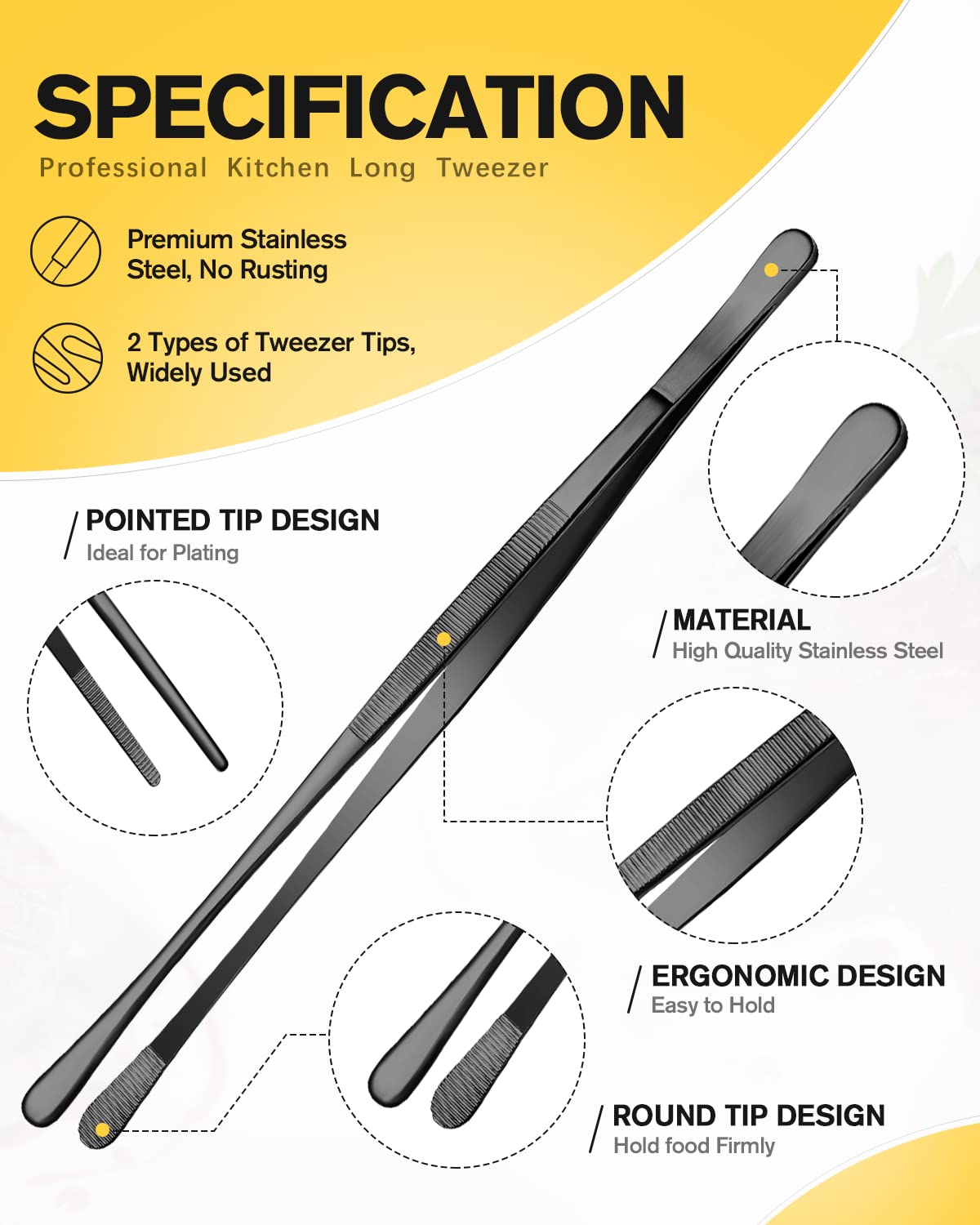 4 Pcs Fine Long Tweezer Tongs Professional Black, 12'' and 10'' Stainless Steel for Kitchen, Food, Cooking, Repairing, Sea Food and BBQ