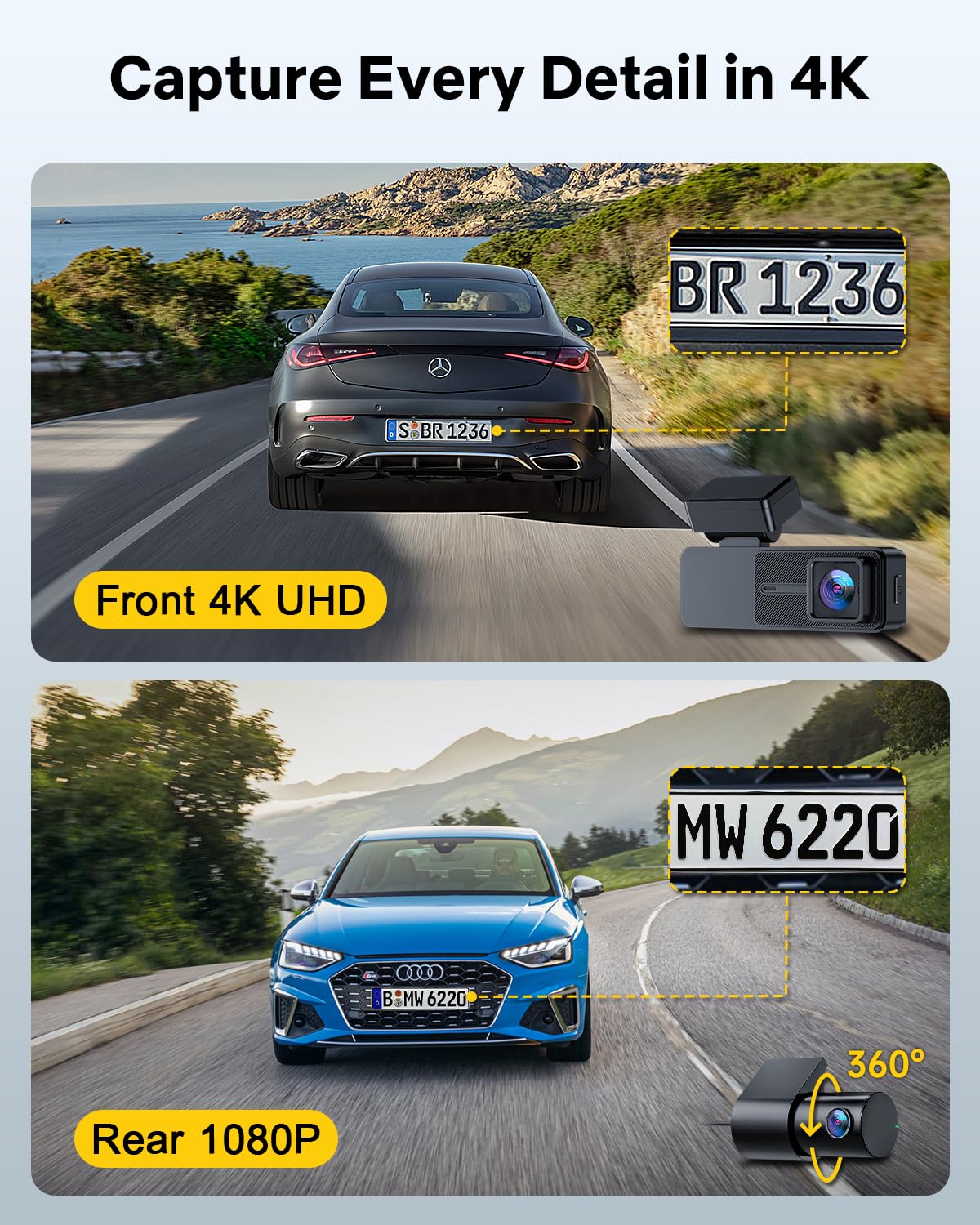 GKU 4K Dash Cam Front and Rear Camera, 3.18" Touch Screen, Dash Camera Built-in 5G WiFi & GPS, 4K+1080P Dashcams for Cars Support 512GB Max, Night Vision, 24H Parking Mode, G-Sensor (D700-CA)