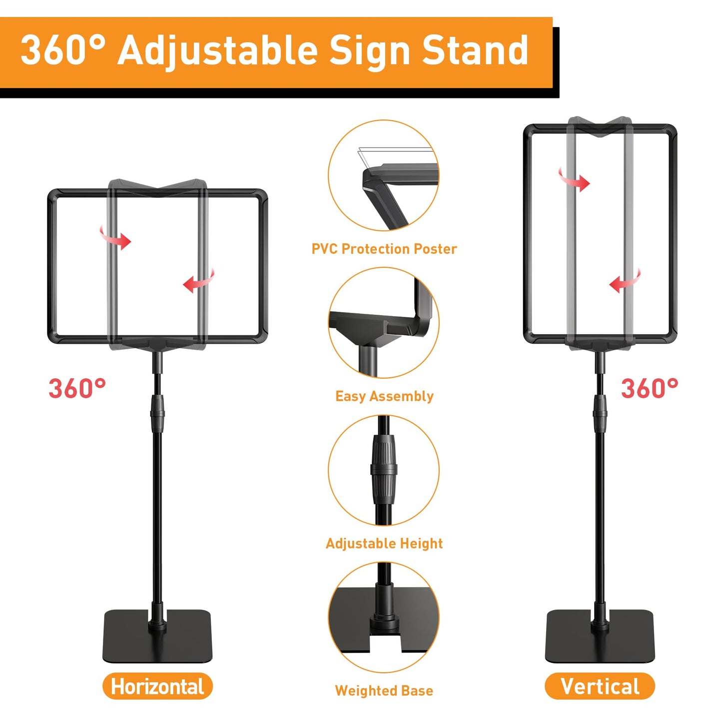 RANDUN Sign Holder Stand 8.5x11 inch Sign Stand Holder for Table Sign Stands for Display Advertising Menu Tabletop - Poster Sign Stand Adjustable Floor Standing Sign Holder - 2 Pack