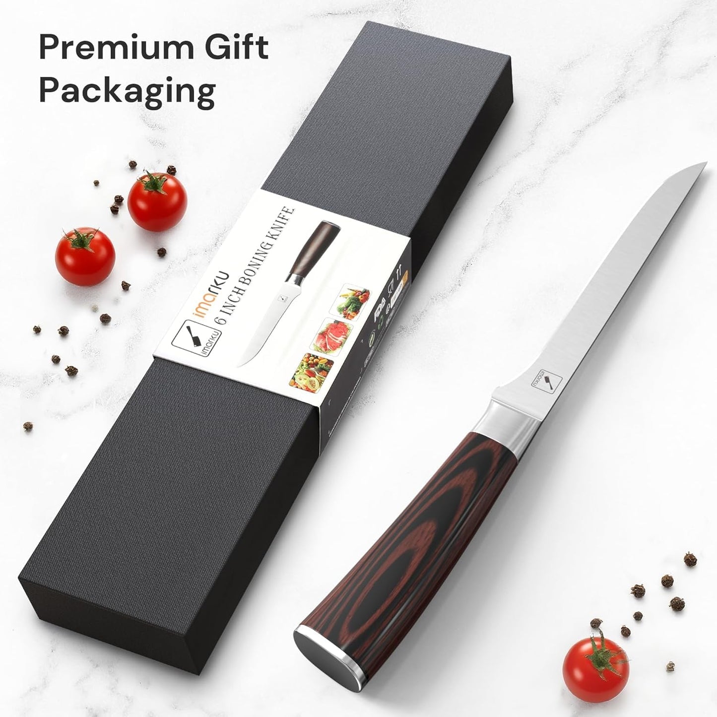 imarku Boning Knife, German High Carbon Stainless Steel Professional Grade Boning Fillet Knife, 6-Inch Deboning Knife, Pakkawood Handle for Meat and Poultry, Gifts for Men and Women