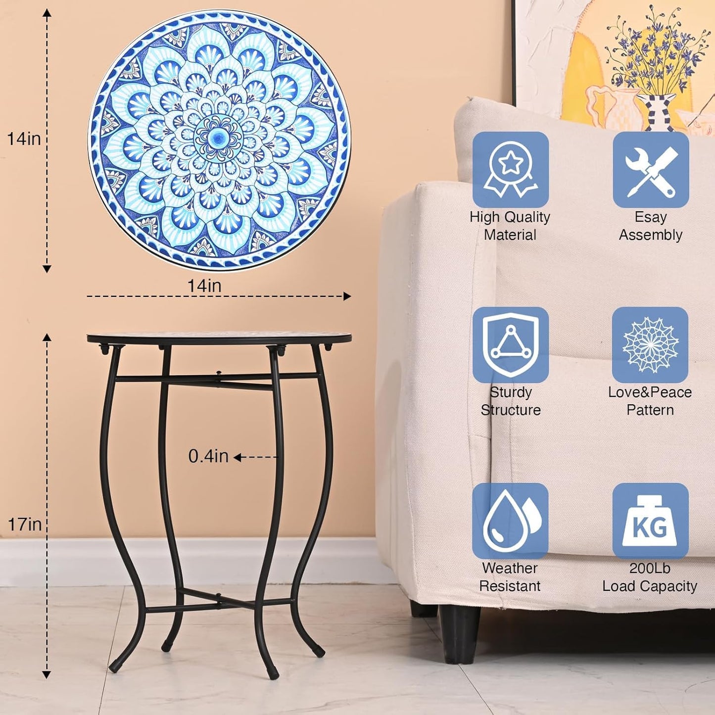 17" Tall Patio Side Table, 14 Inch Round Side Table, Weather Resistant Anti-Rust Metal Indoor Outdoor Side Table for Patio Yard Porch Balcony Garden Bedside, Blue