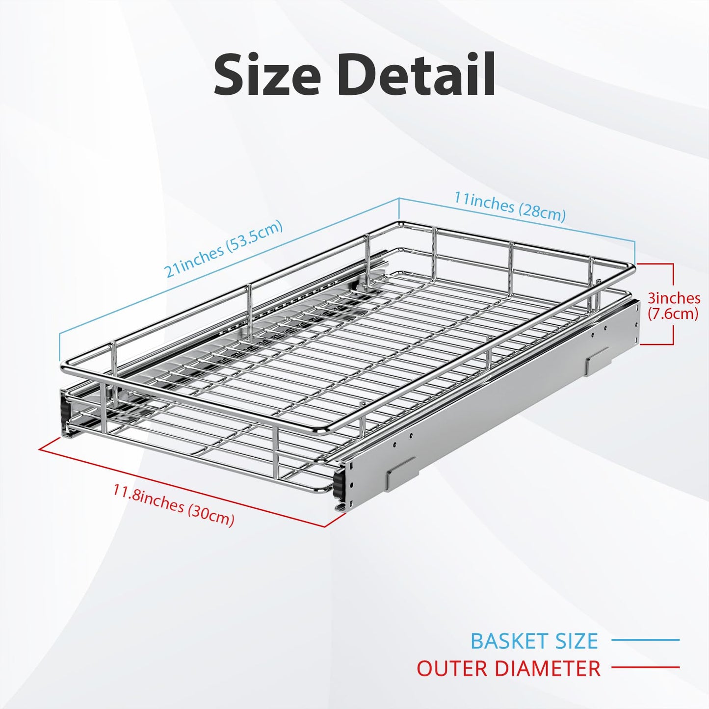 Pull Out Cabinet Organizer, Versatile Slide Out Kitchen Organizers and Storage, Heavy Duty Drawer Cupboard Storage Basket, Smooth Sliding, Chrome Finish (Outside Dimensions: 11.8”W x 21”D)