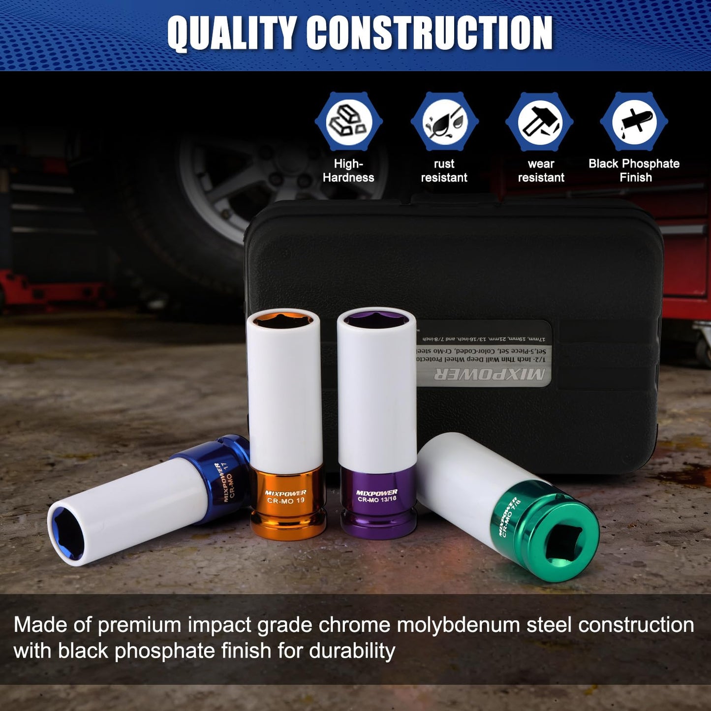 MIXPOWER 5 Pieces 1/2" Drive Wheel Protector Impact Socket Set, CR-MO, Metric/SAE, Thin Wall Deep Impact Socket Set, 6 Point, Color-Coded, 17mm, 19mm, 21mm, 13/16", 7/8"