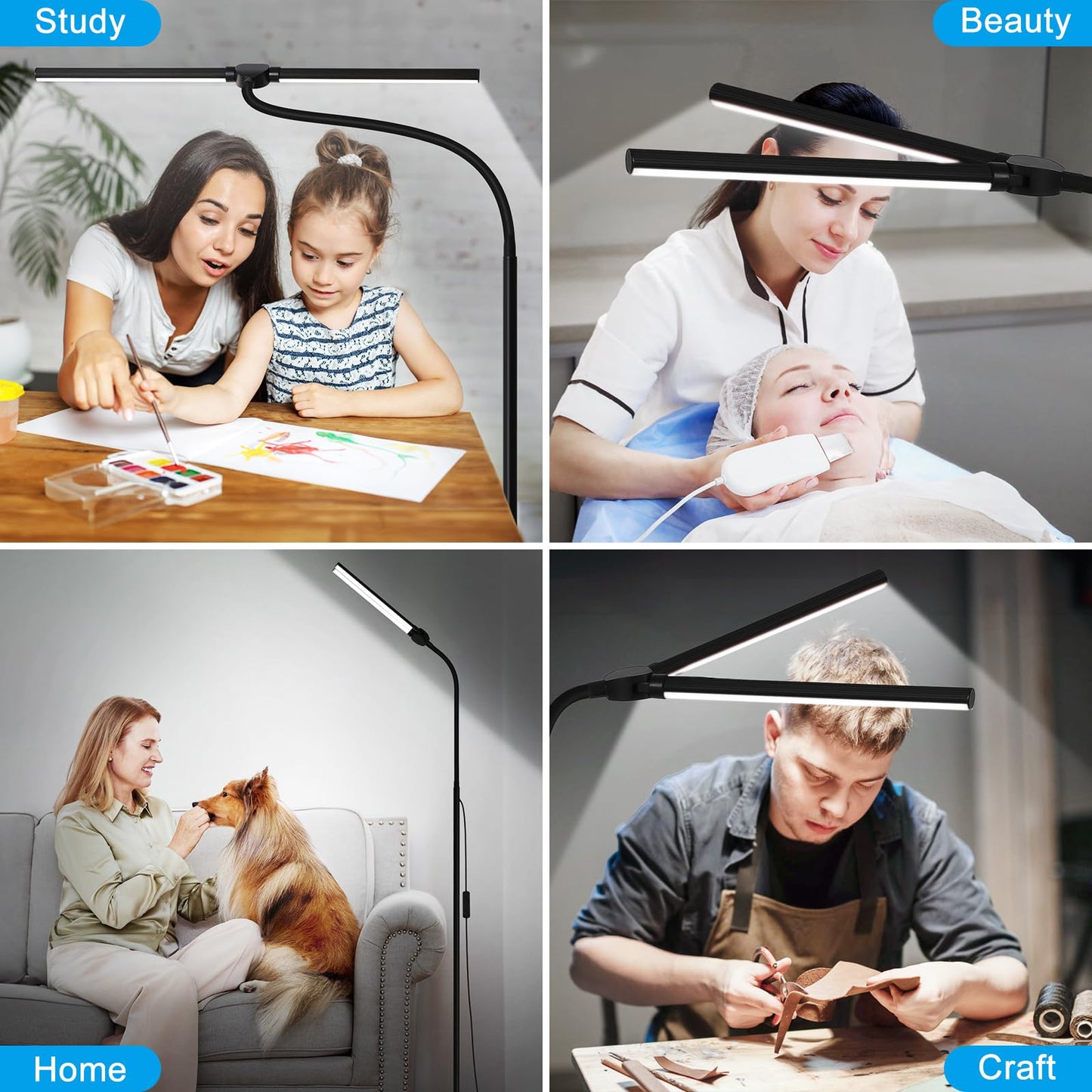 LED Floor Lamp, 18W/2000LM Bright Floor Lamps for Living Room, Dimmable Eye Caring Reading Light with Double Head, Adjustable Gooseneck Modern Standing Office Lamp for Lash Extension Craft Tatoo