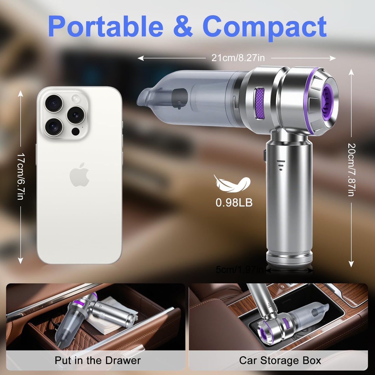 Handheld Car Vacuum Cleaner Cordless 22000Pa Powerful Cyclonic Suction Blowing Brushless Motor Portable Rechargeable Hand-held Air Duster/Blower/Pump for Vehicles Home Carpet Pet Hair Removal (Purple)