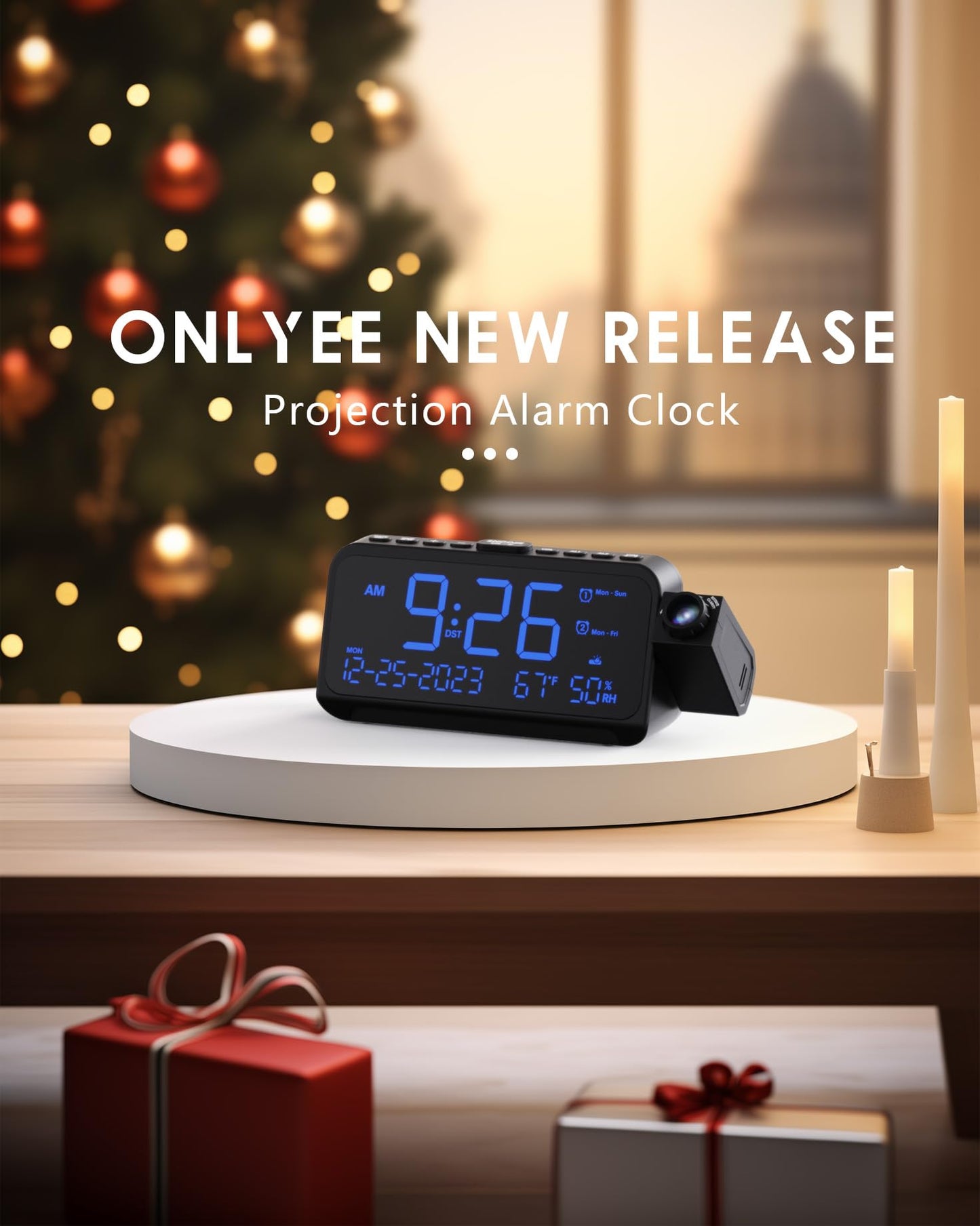 Projection Alarm Clock, Digital Clock with Night Light on Ceiling Wall, 350°Rotatable Projector, 5-Level Dimmer, Type-C USB Charger, Temperature & Date Display, 12/24H, Dual Alarm Clock for Bedroom