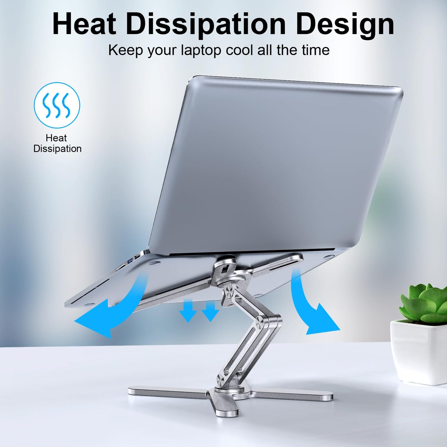 LIENS Adjustable Laptop Stand with 360 Rotating Base, Aluminum Laptop Riser for Desk Foldable, Ergonomic Notebook Stand Holder Compatible with iPad and MacBook/All Laptops up to 16 inches - Silver