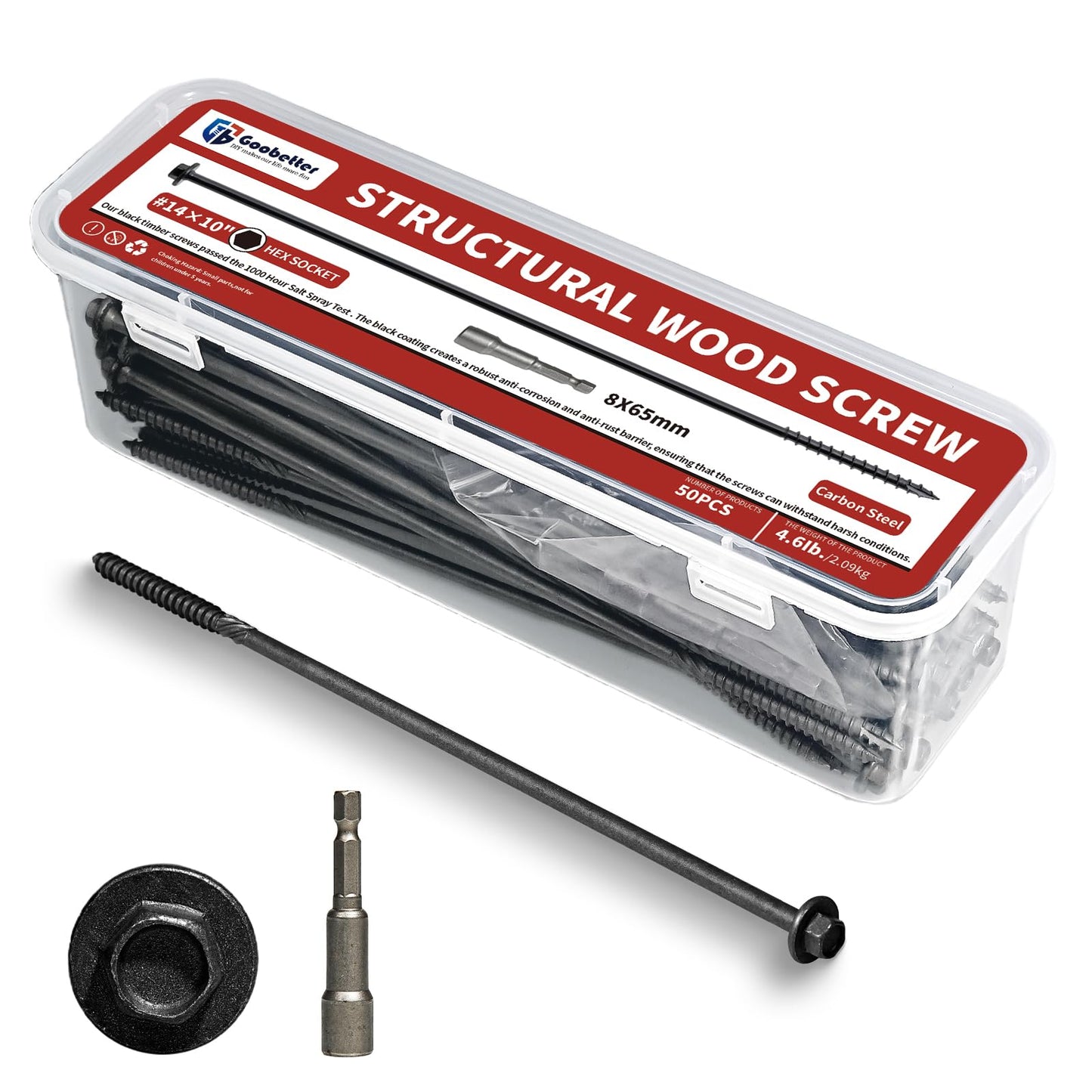 Goobetter Lag Screws 10 Inch, #14 x 10 Structural Wood Screws, 50Pcs Heavy Duty Construction Screws, Long Deck Timber Screws, Hex Washer Head, Black Rust Resistant Coated, Hex Socket Included