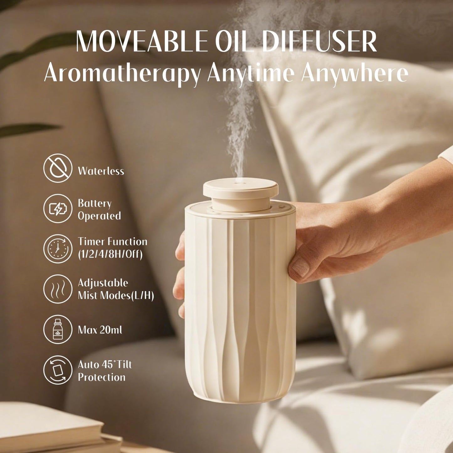 Waterless Essential Oil Diffuser with 30mL Hotel Scent Fragrance Oil, Battery Operated Portable Mini Diffuser with 1H/2H/4H Timer & Adjustable 2 Modes, Leather Handle for Home, Car, Travel, White