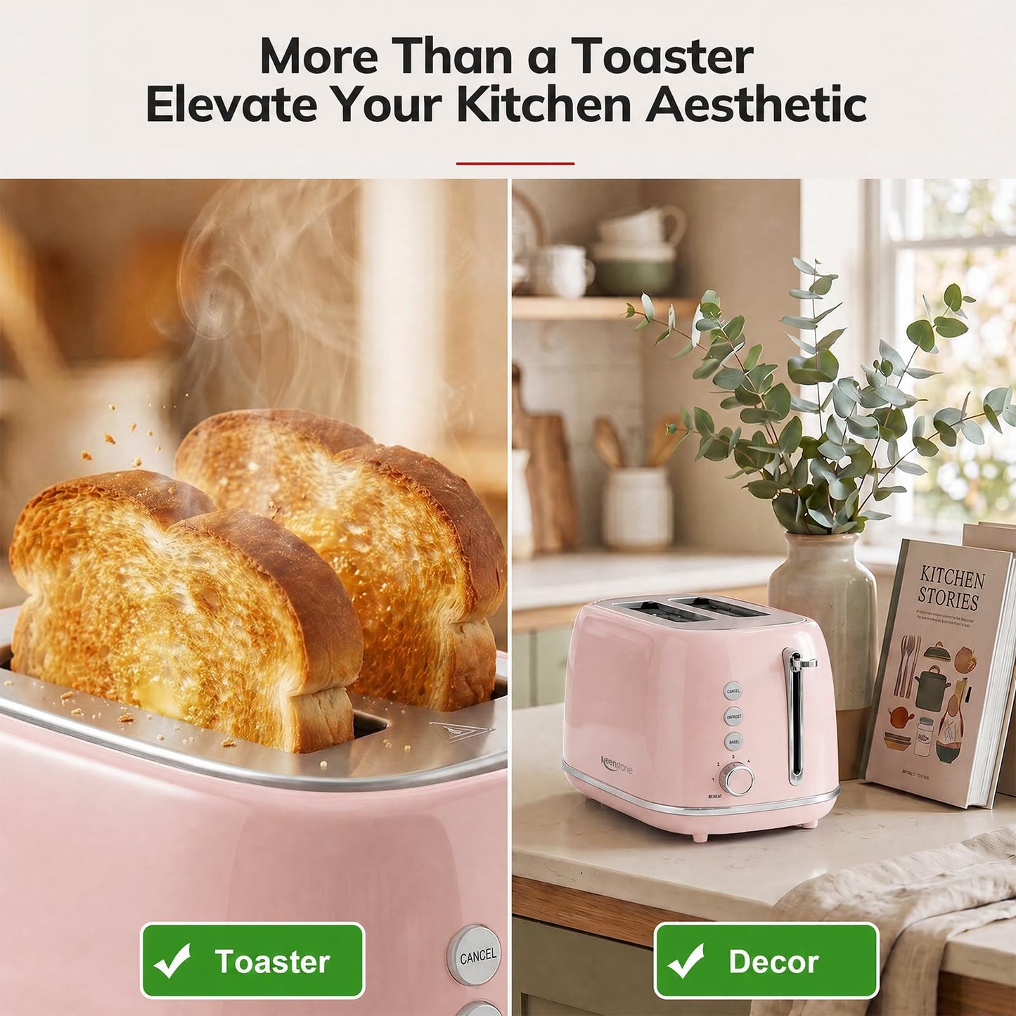 Keenstone Toaster 2 Slice Stainless Steel with 6 Bread Shade Settings, Bagel, Cancel, Defrost Function, 2 Slice Retro Toaster with Extra Wide Slot, Removable Crumb Tray, Pink