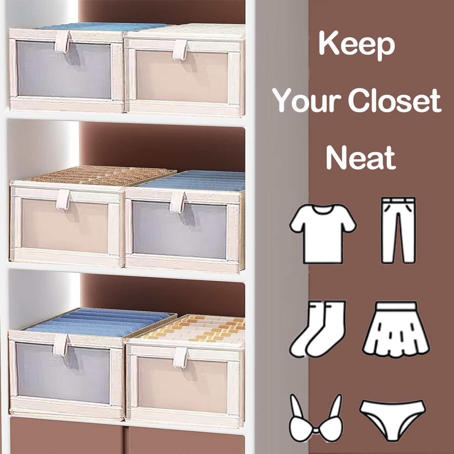 SUNAYOF 6 Pack Linen Closet Organizer and Storage, Foldable Closet Storage Bins with Clear Window, Linen Closet Baskets for Clothing, Jeans, Shelves, Toys