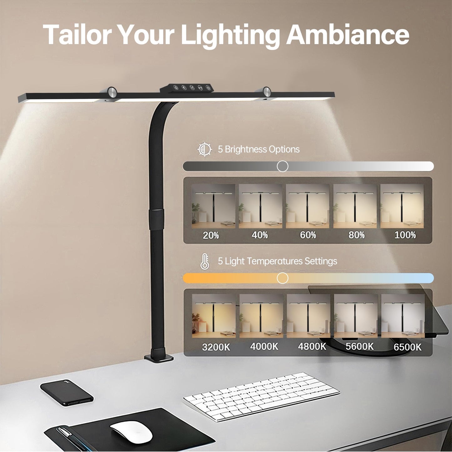VOURTM LED Desk Lamp with Clamp, 24W Eye-Care Desk Light with Smart Remote, Stepless-Dimming and Color Temp Control, Architect Desk Lamp for Home Office, Workbench, Reading, Study, Painting