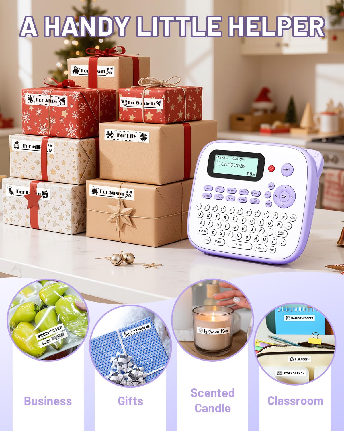 Label Maker Machine with Tape, Purple Label Maker Waterproof Labels, Portable Labeler for Teachers Kids Classroom Use, Desktop Labeler with Multiple Symbols & Fonts for Home Office School Use, D210S