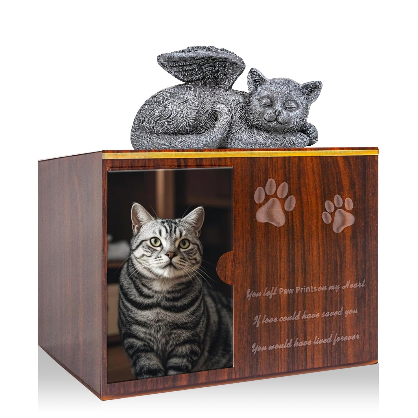 Cityjoy Cat Urn for Ashes - Large Wooden Texture Acrylic Memorial Urn with Angel Cat Statue, Pet Urns for Cats Ashes Keepsake Box - Sympathy Remembrance Gift for Loss of Beloved Pet Urns for Cats