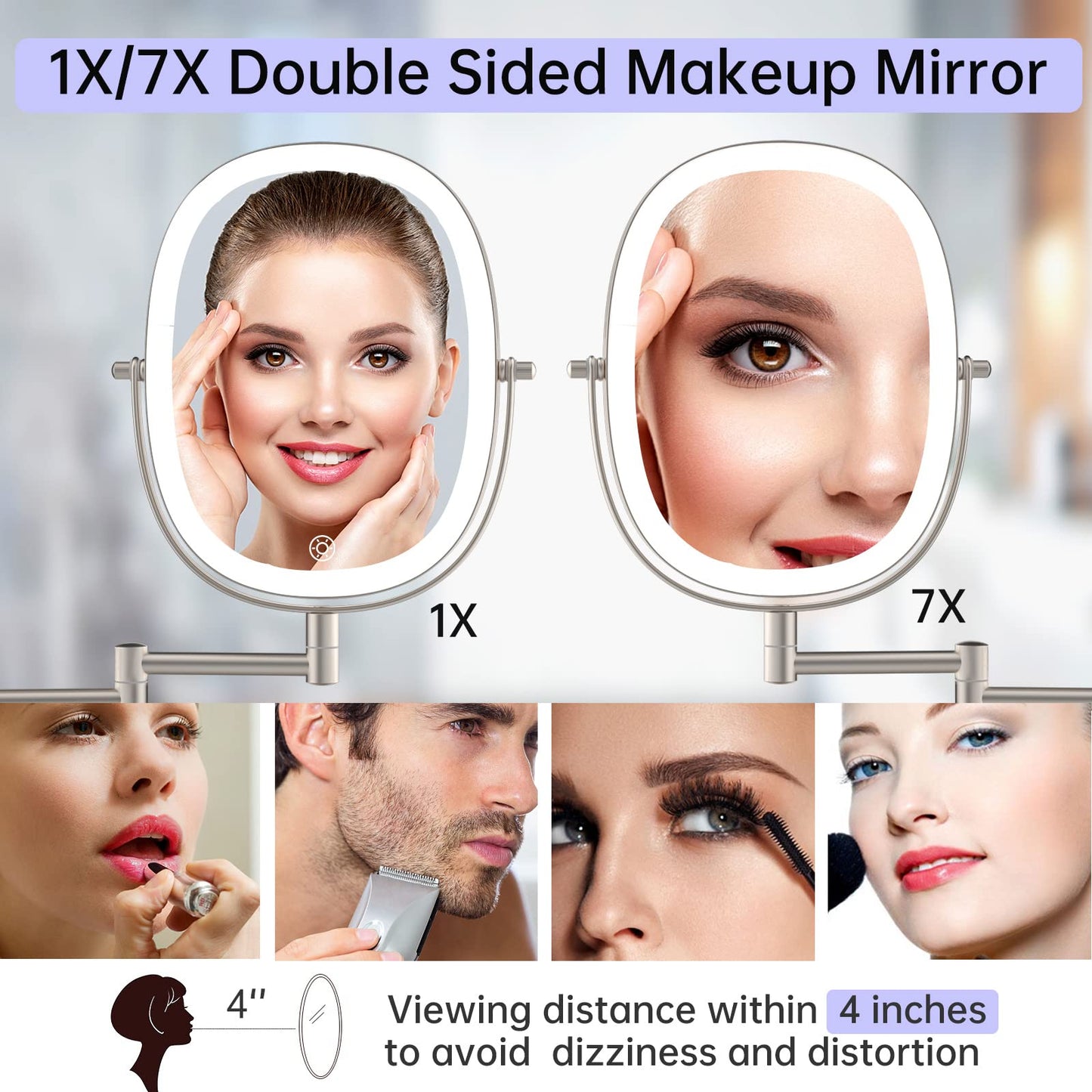 Rechargeable Wall Mounted Lighted Makeup Vanity Mirror, Double Sided 1X/7X Magnifying Mirror, 3 Color Lighting Option Dimmable, 360 Rotation Extension Foldable Arm, Oval Frame Shaving Light up Mirror
