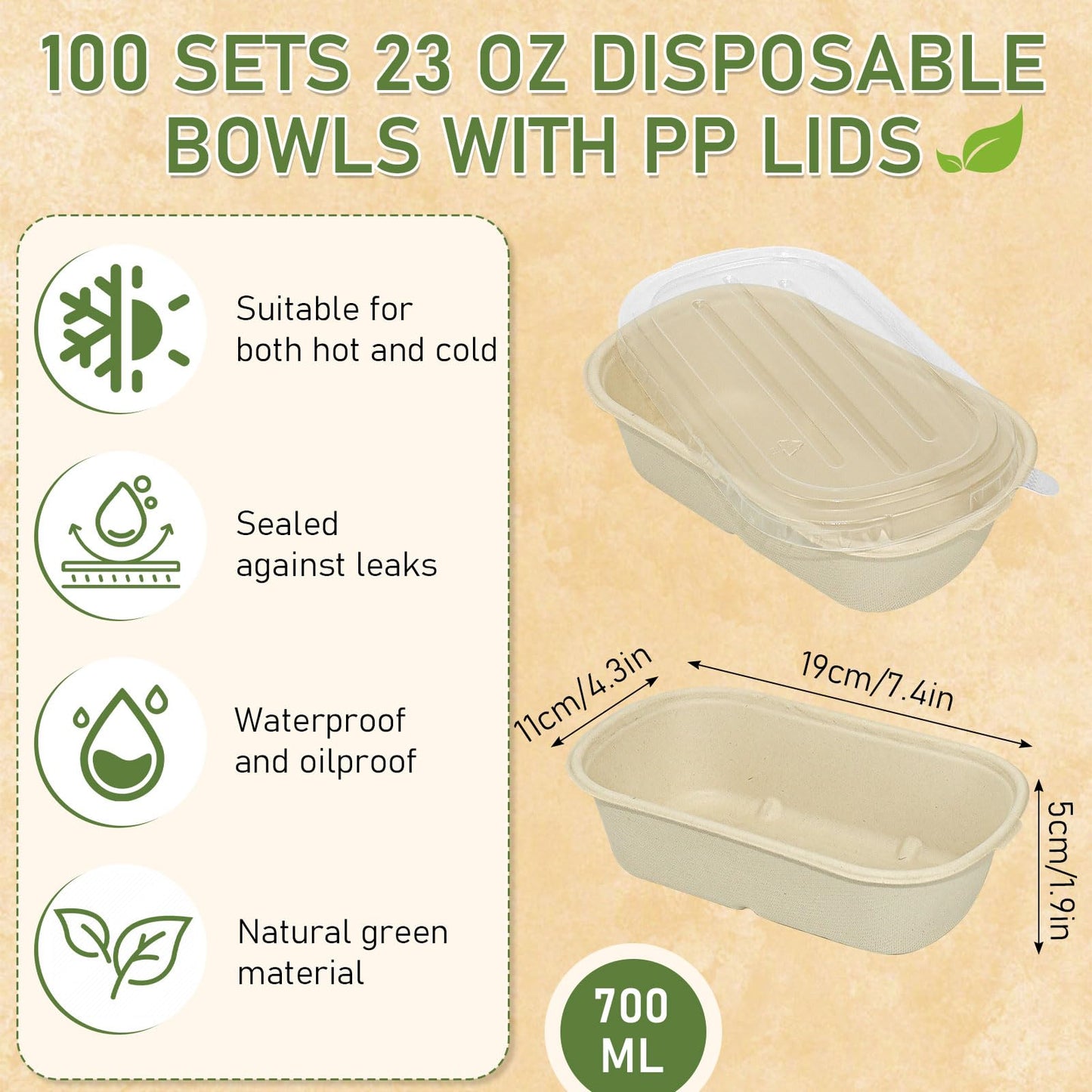 100 Pack Disposable Paper Bowls with Lids,23 oz Meal Prep Containers Rectangle Soup Bowls Leakproof Deli Food Container Hot Cold Food Serving Bowl for Treat Salad