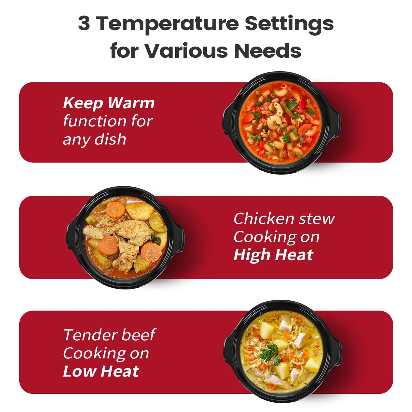 KOOC Small Slow Cooker, 2-Quart, Free Liners Included for Easy Clean-up, Upgraded Ceramic Pot, Adjustable Temp, Nutrient Loss Reduction, Stainless Steel, Red, Round