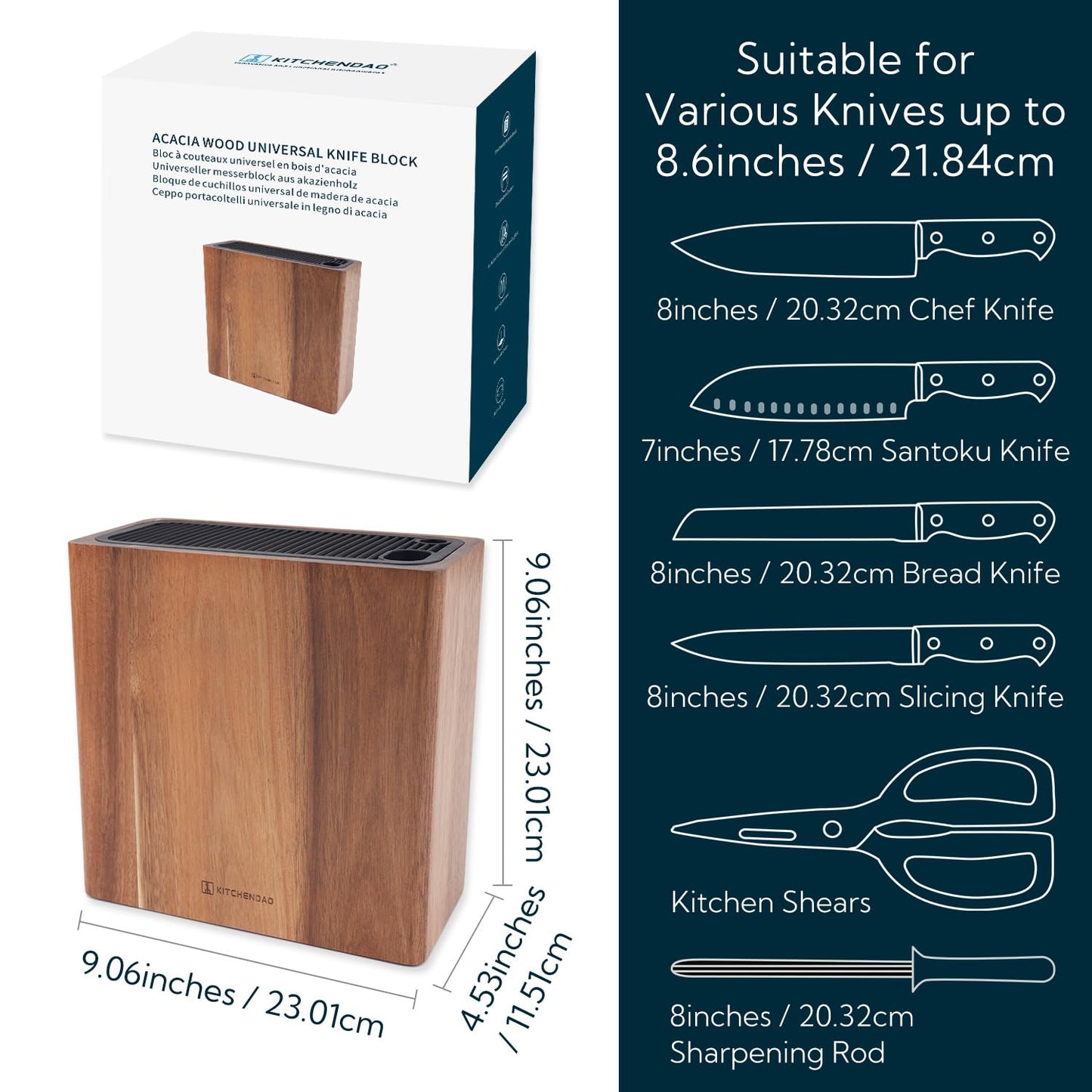 KITCHENDAO XL Acacia Wood Universal Knife Block Holder with Slots for Scissors and Sharpening Rod, Safe, Space Saver Knives Storage Stand Display Without Knives, Unique Slot Design to Protect Blade